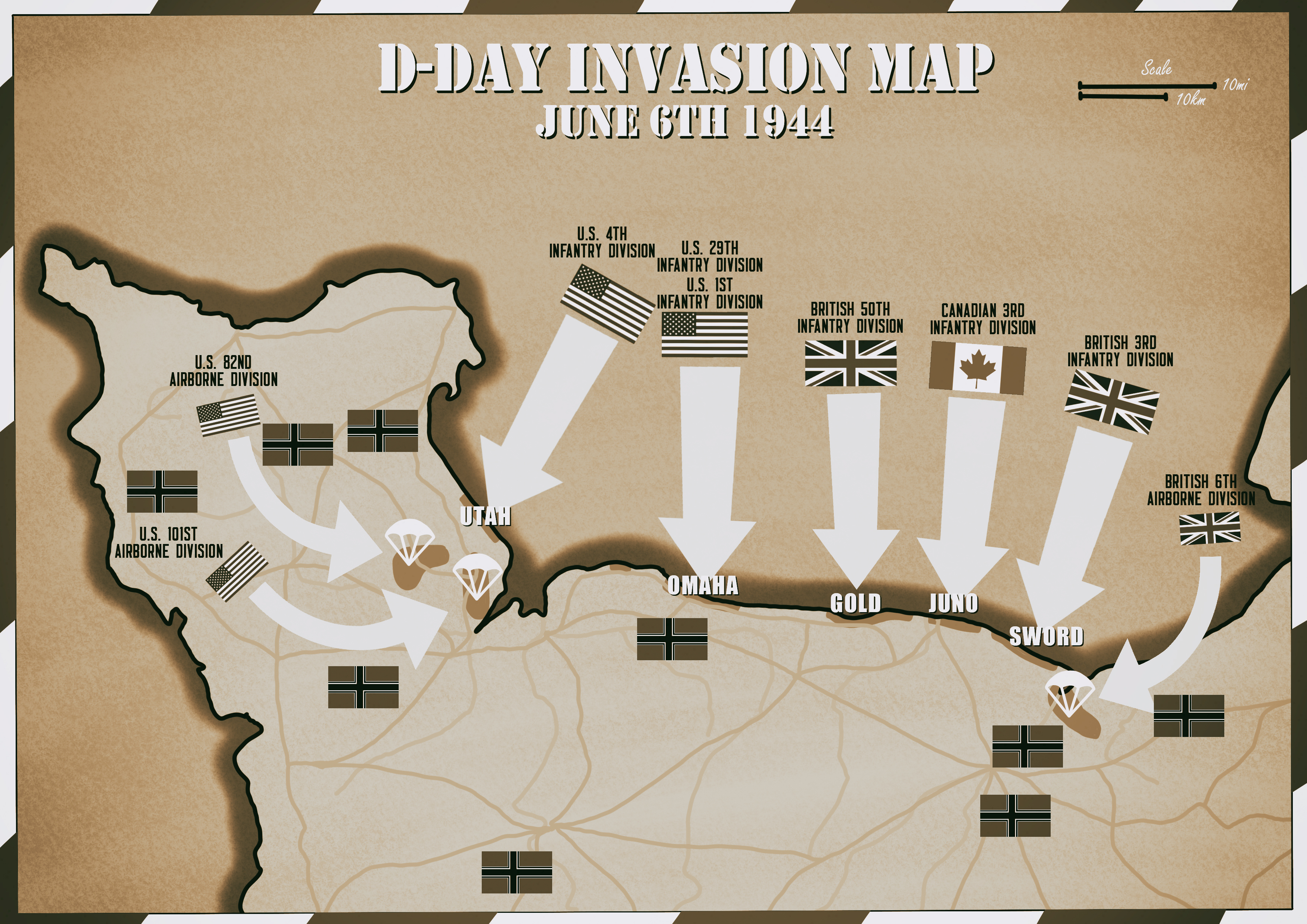 The D-Day landing sites, where it can be seen that La Fiere is behind Utah Beach (image: Shutterstock)