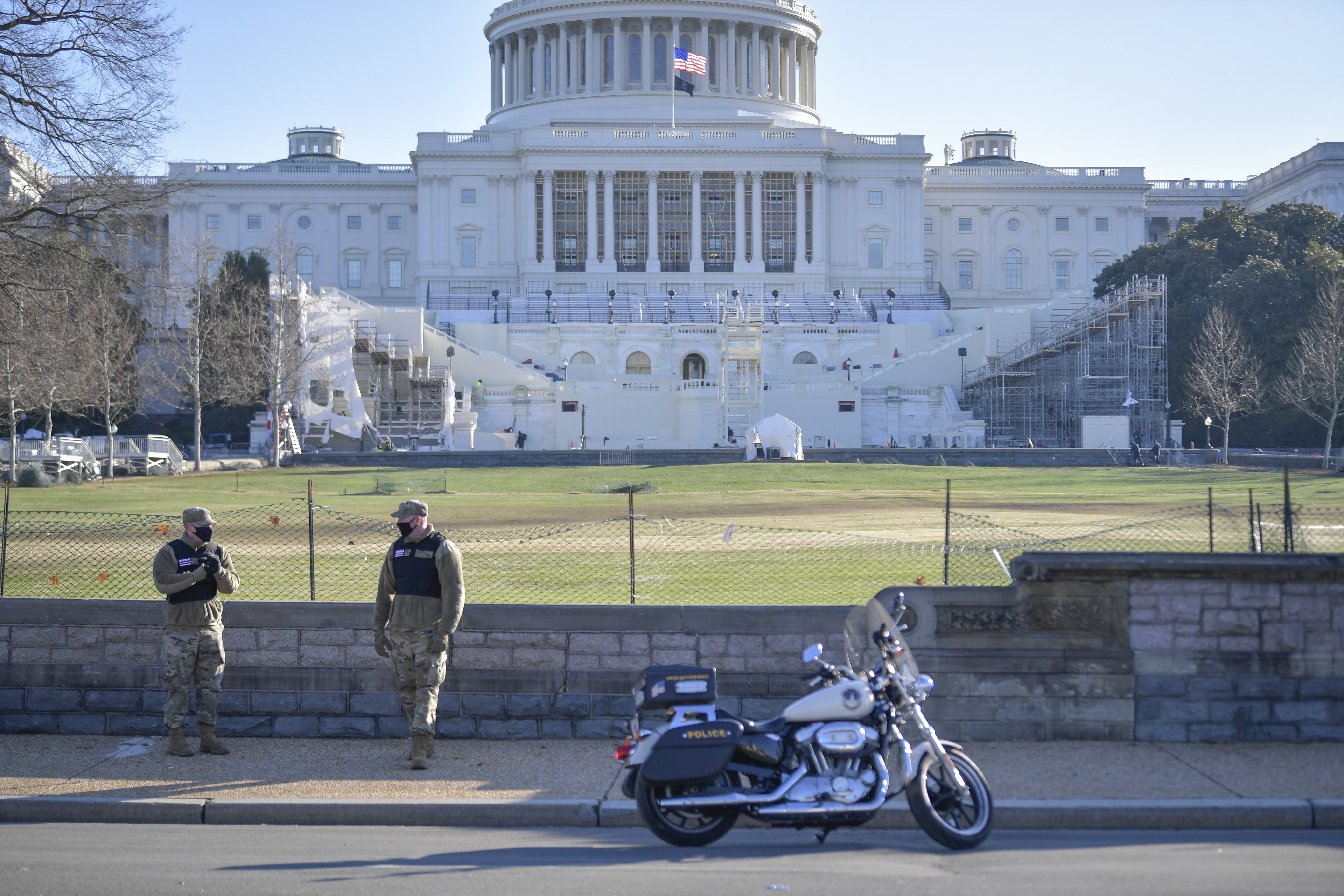 DC National Guard in front of the west front of the US Capitol the day after unrest by President Donald Trump supporters (Picture: PA).