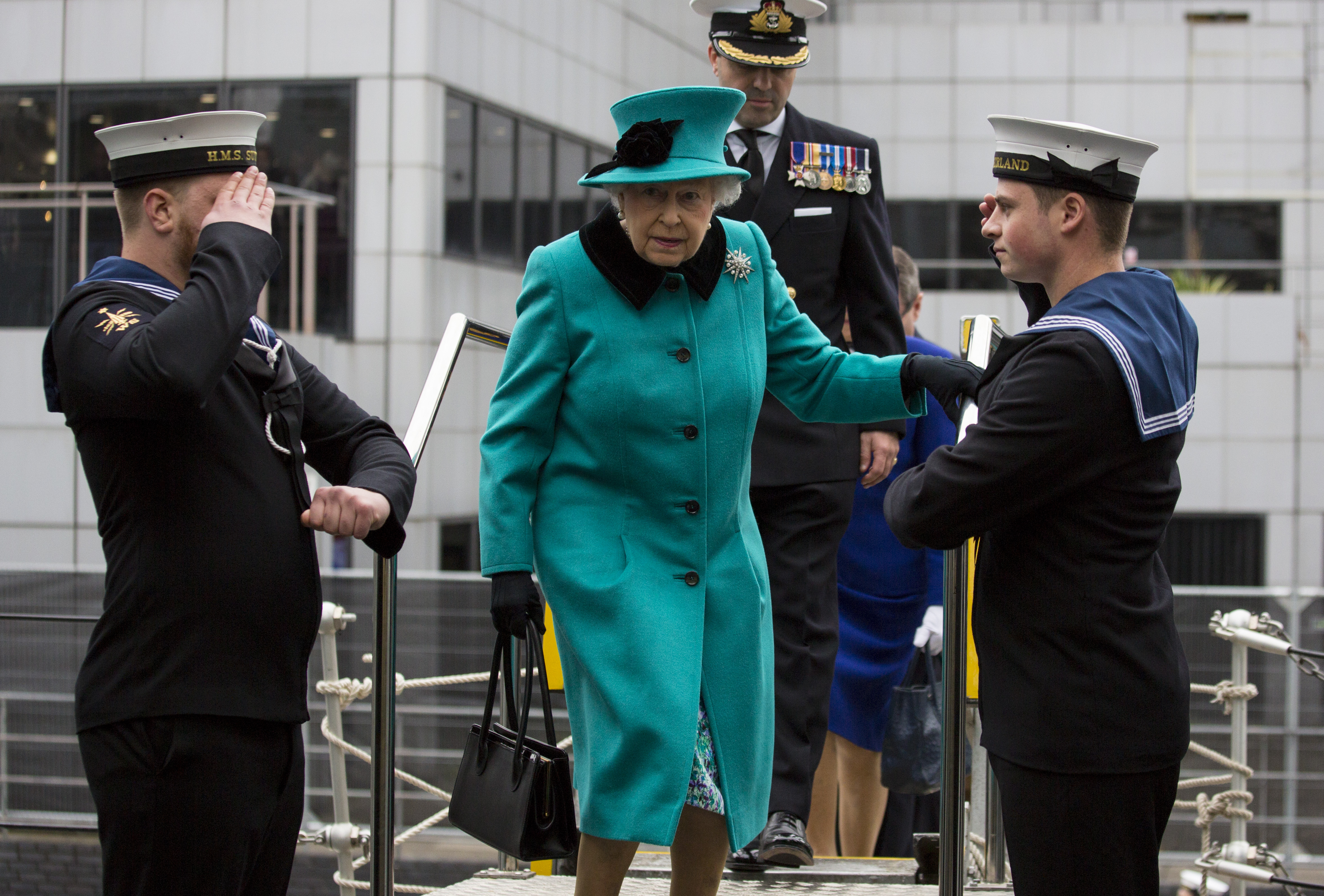 HRH The Queen coming onboard HMS Sutherland