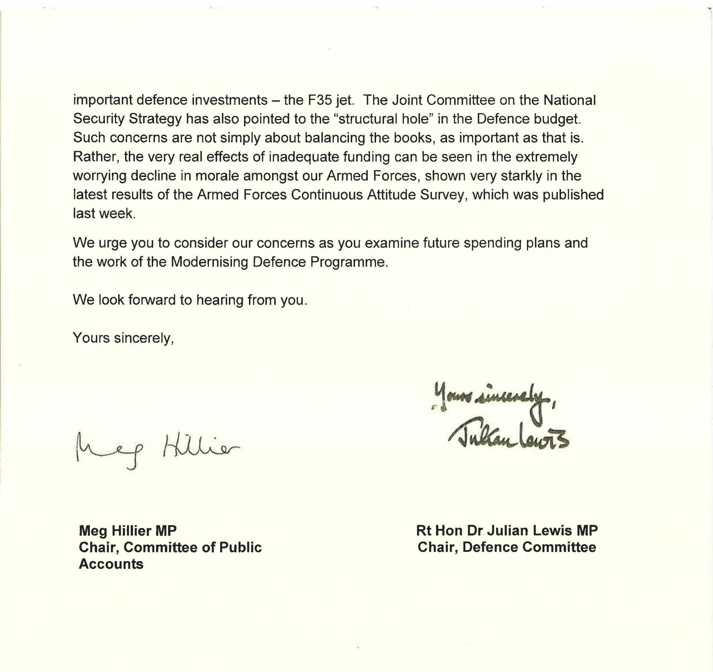 DEFENCE BUDGET: Chairs of Public Accounts and Defence Committees write to Prime Minister