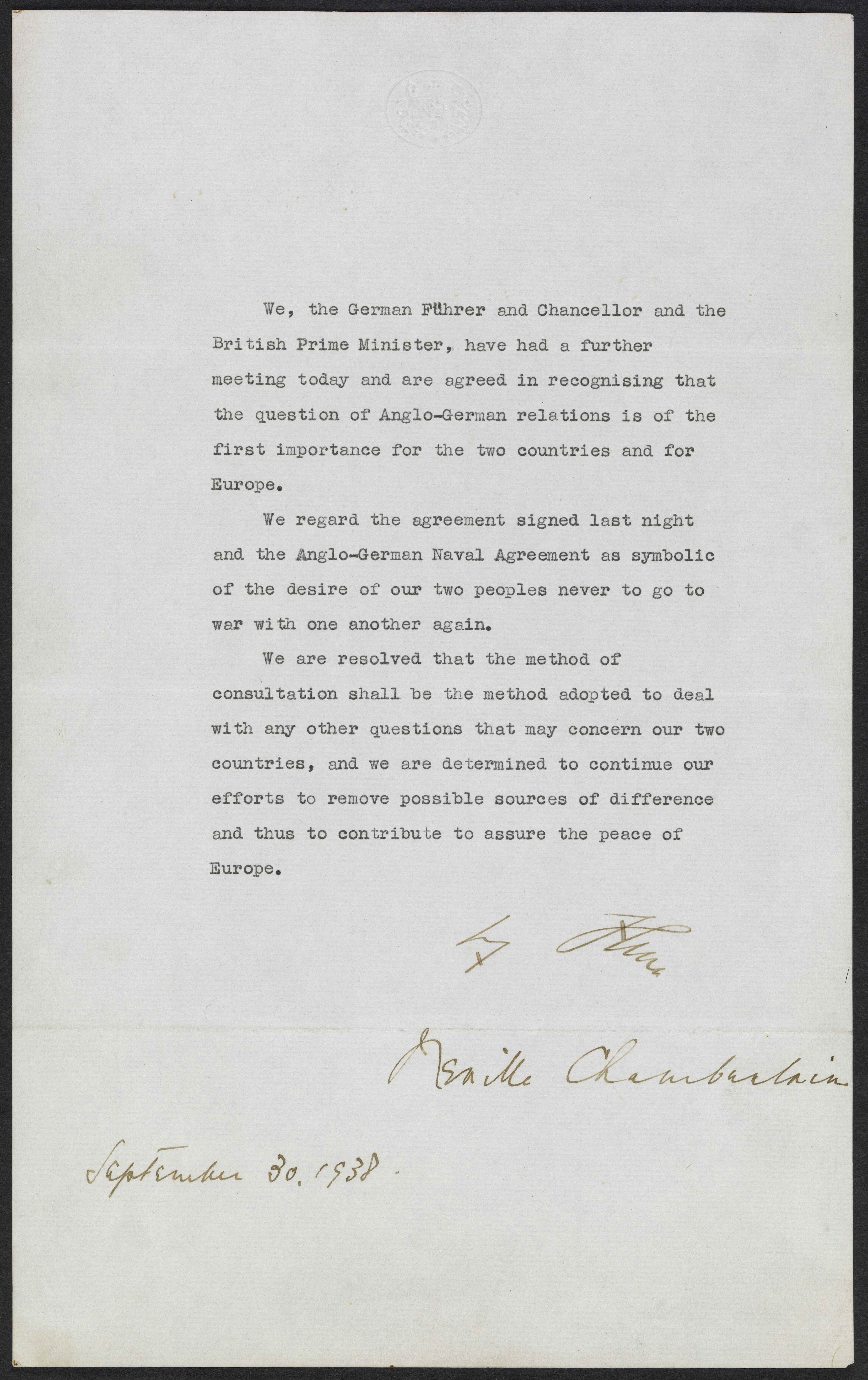 DO NOT USE The Anglo-German Declaration 1938 CREDIT IWM Documents 4998