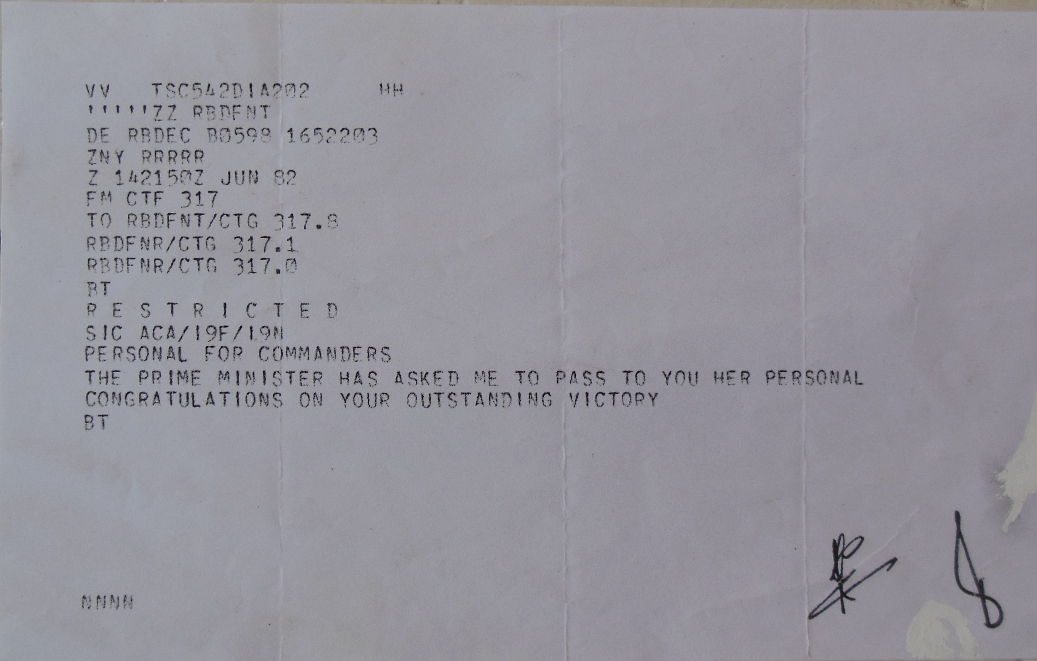 Thatcher telegram to Task Forces 1982. Falklands.