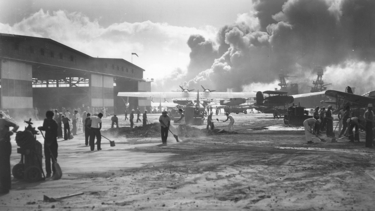 Damage at NAS Pearl Harbor after the Japanese attack on 7 December 1941 CREDIT US National Archives and Records Administration