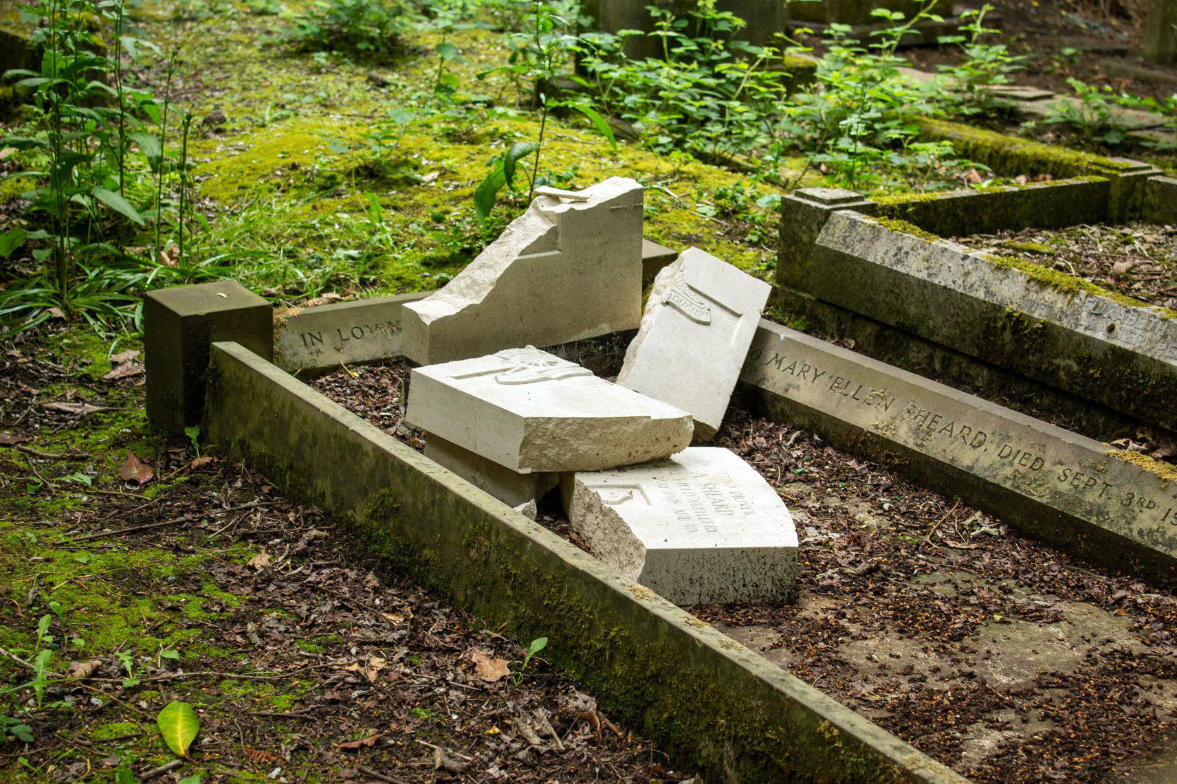 Damaged gravestones in Hirst Wood burial 070619 CREDIT Hirst Wood Regeneration Group