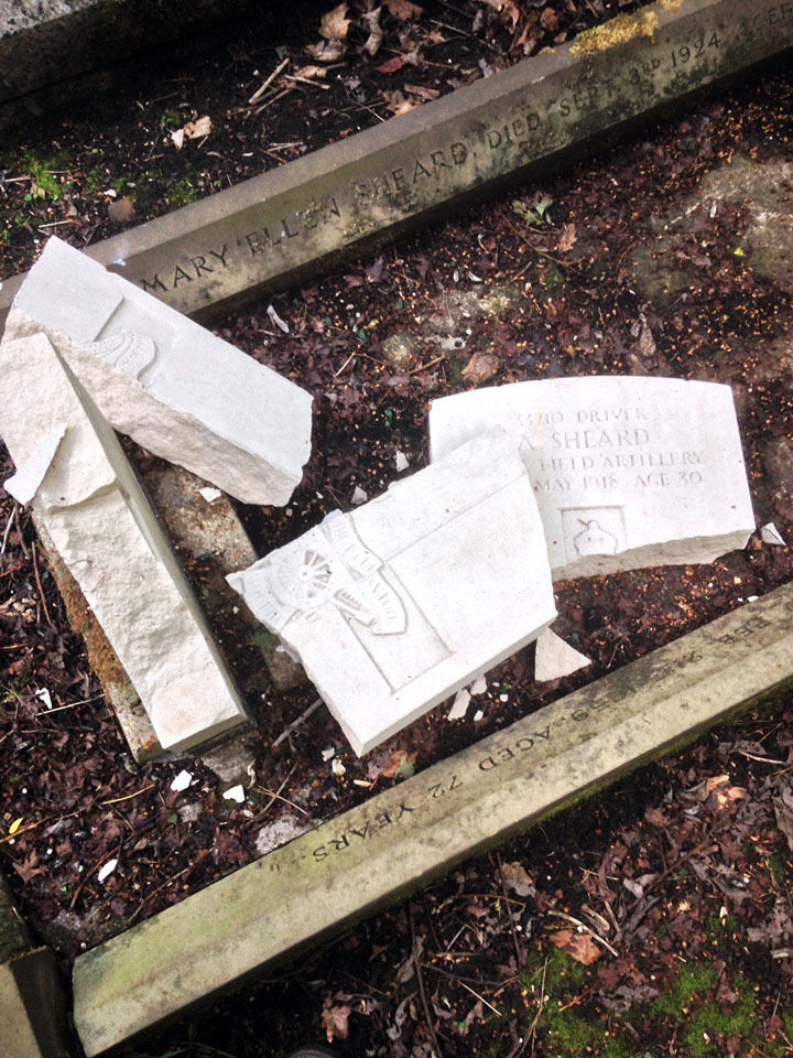 Damaged gravestones in Hirst Wood burial 070619 CREDIT Hirst Wood Regeneration Group