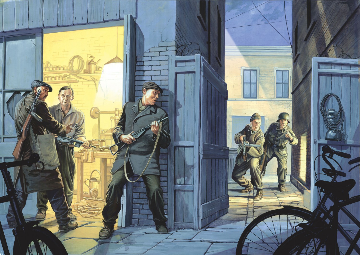 Danish resistance fighters pick up Sten guns being made in a bicycle shop