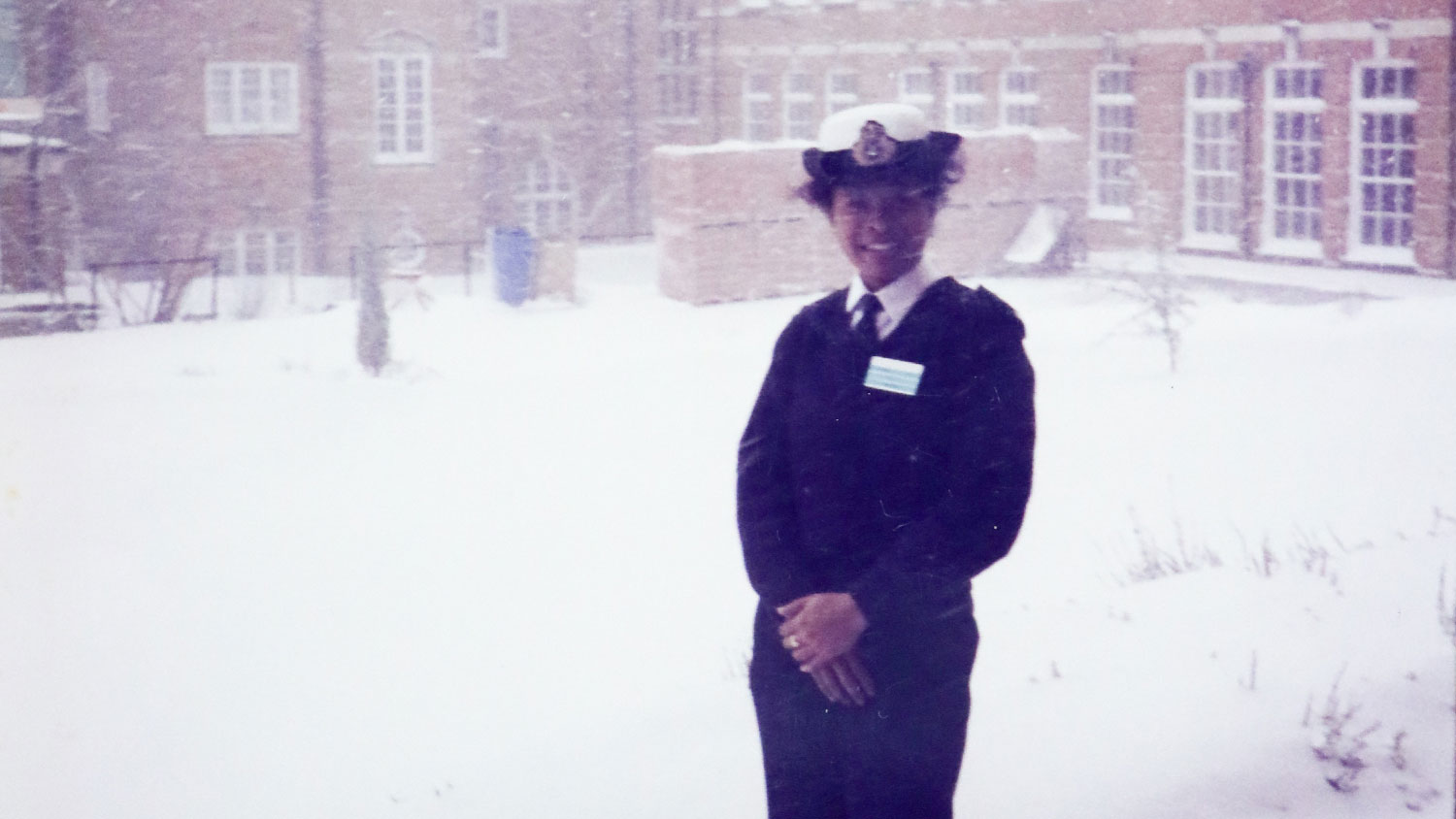 RAdm Wemyss-Gorman pictured in snow at Dartmouth at the start of her military career CREDIT RAdm Wemyss-Gorman