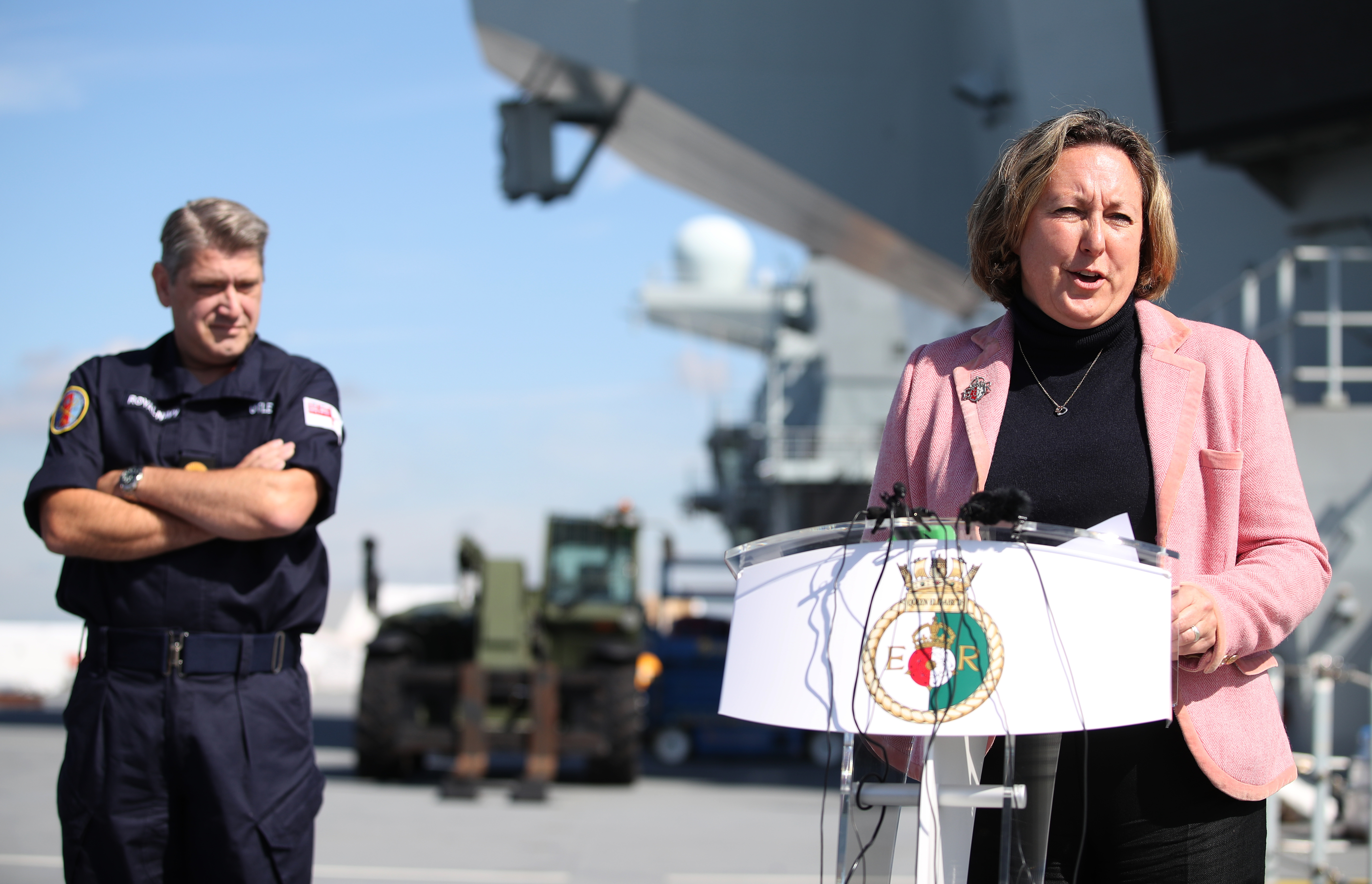 Defence Minister Anne-Marie Trevelyan and Commodore Mike Utley on the flight deck of HMS Queen Elizabeth 230819 CREDIT PA