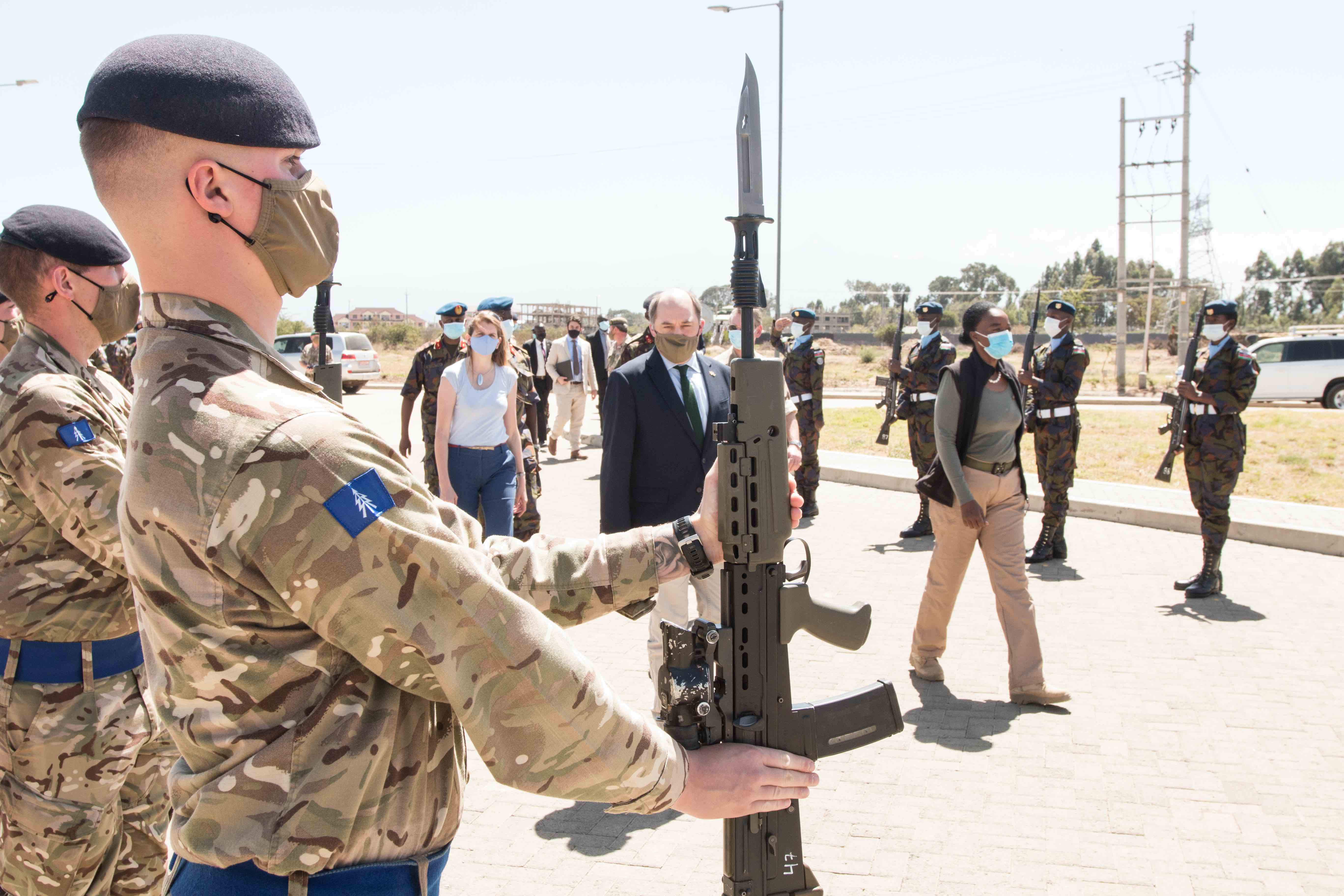 Defence Secretary Ben Wallace arrives at the British Army Training Unit Kenya (BATUK), alongside Monica Juma, Kenyan Cabinet Secretary for Defence 