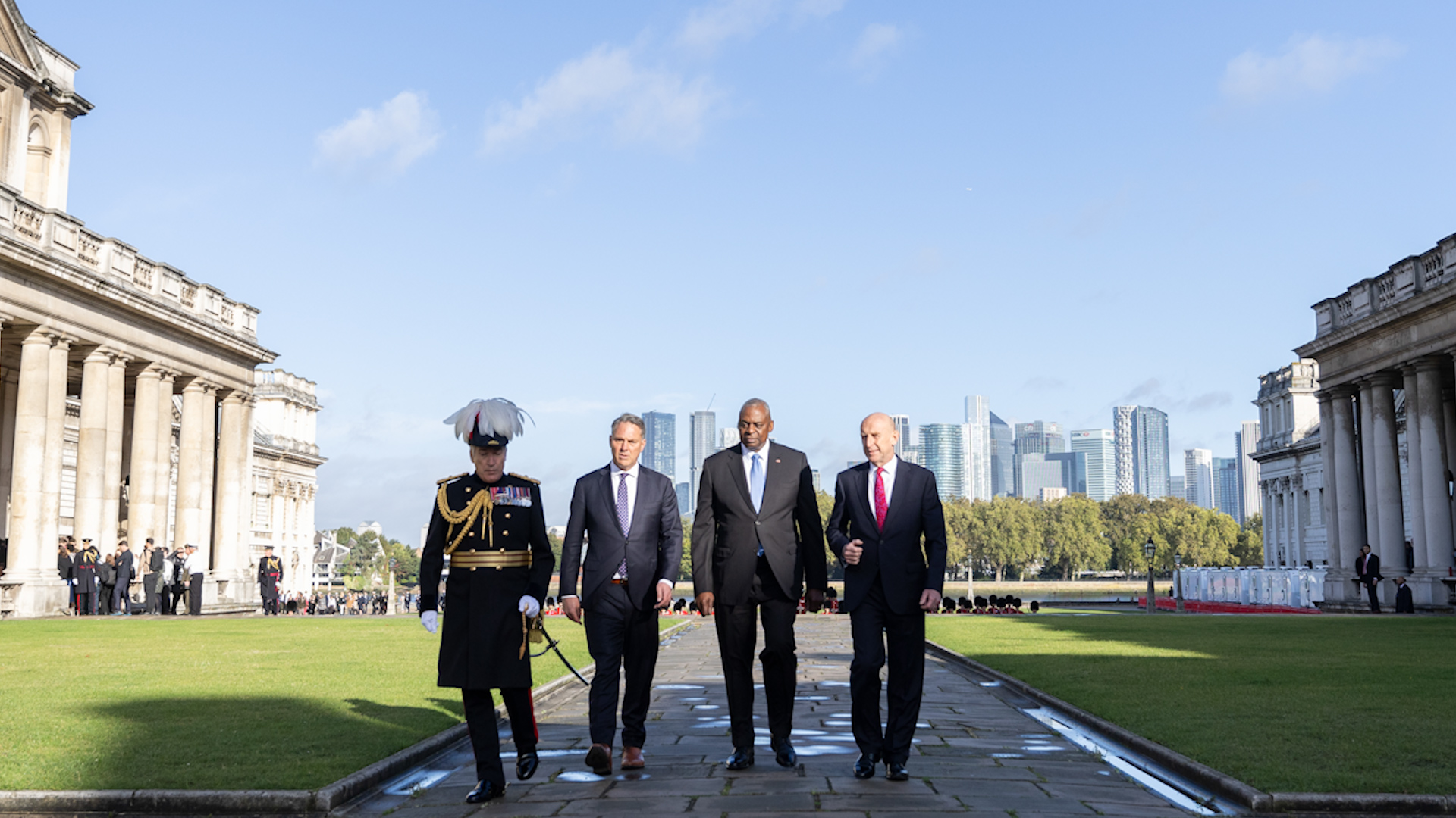 Defence Secretary John Healey with Lloyd Austin and Richard Marles AUKUS Old Royal Naval College in Greenwich 260924 CREDIT MOD