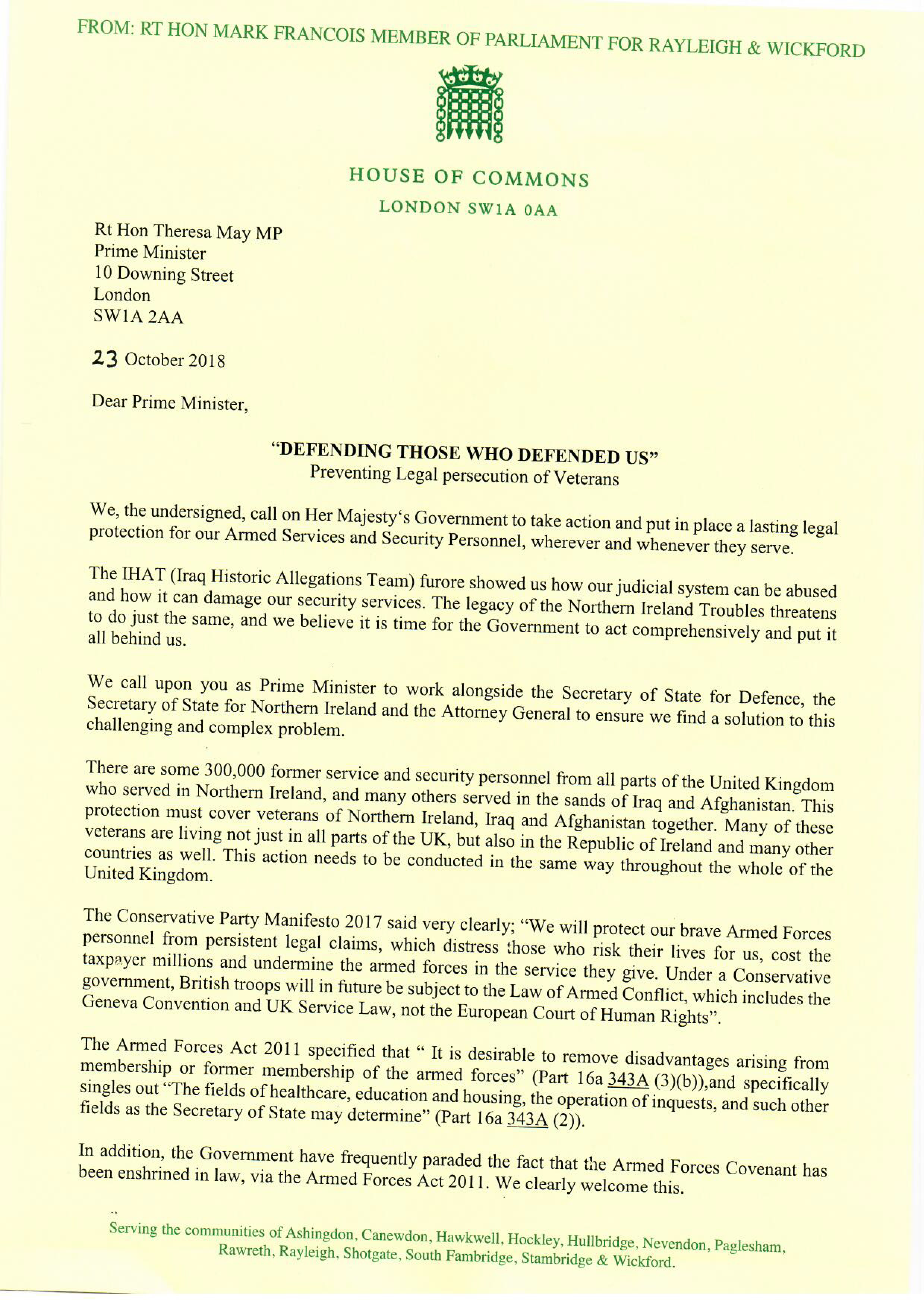 Defending those who defended us - Letter from MPs to PM on Northern Ireland 231018