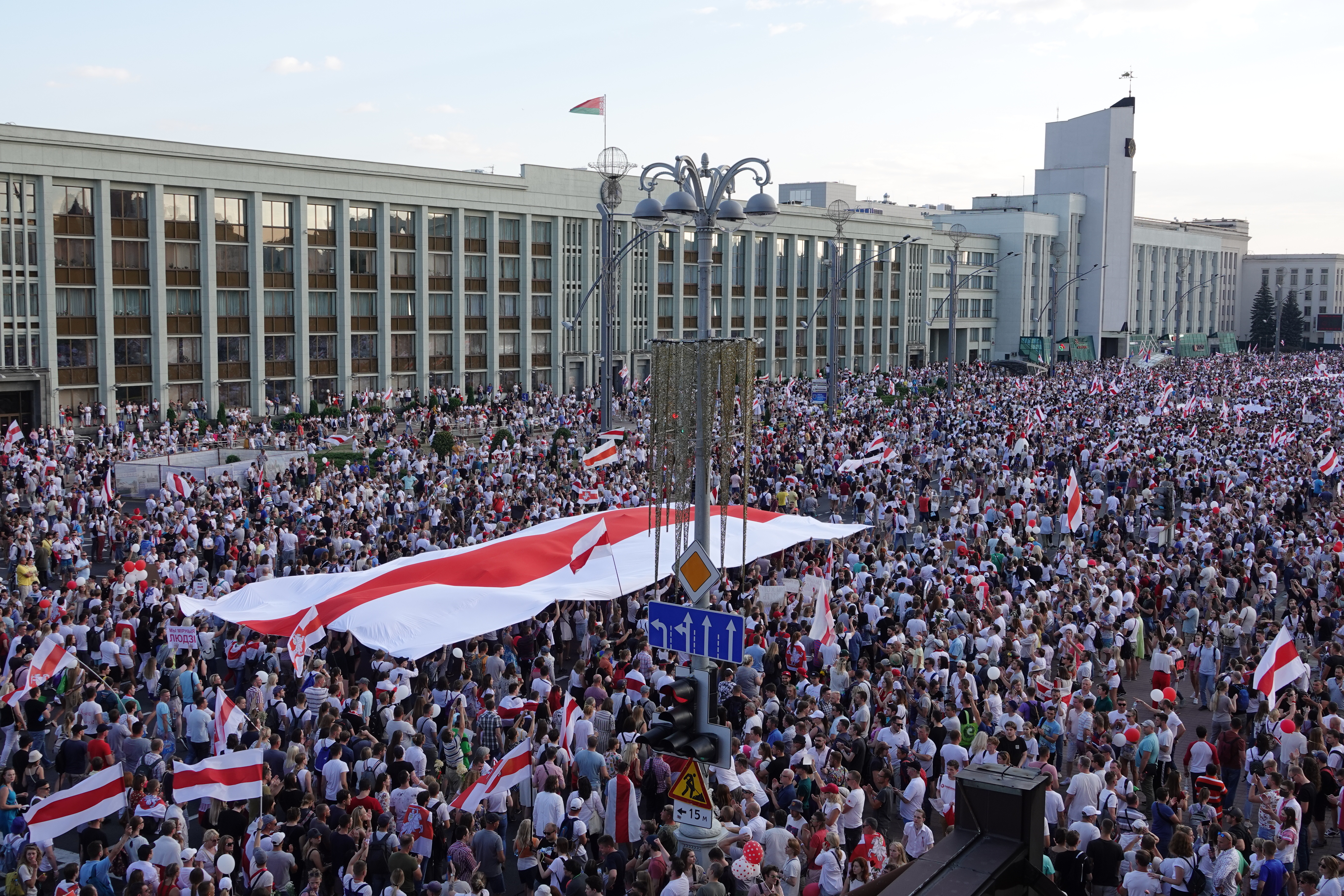 Demonstrators gather in Independence Square in Minsk, Belarus, to protest the recent re-election of ruler Alexander Lukashenko 