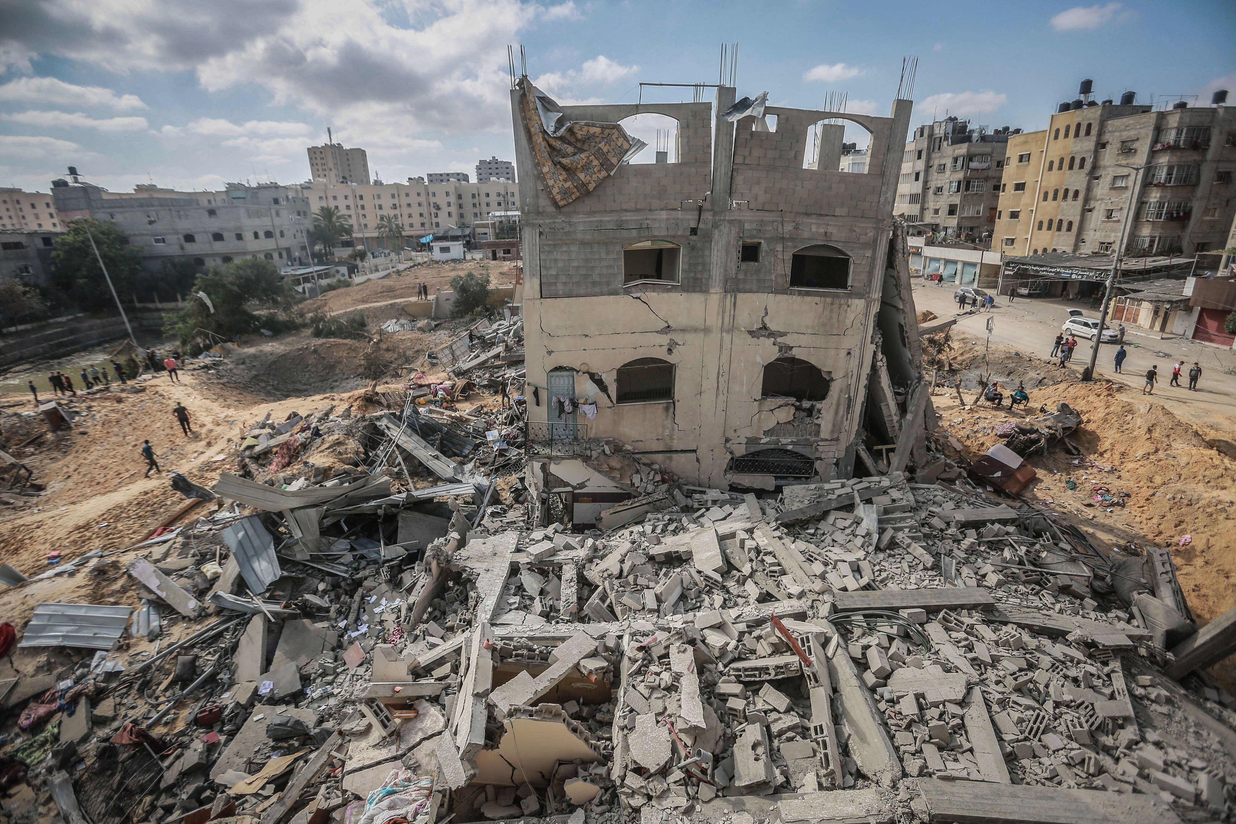 Destroyed building on the northern Gaza Strip town of Beit Lahia after it was hit by an Israeli air strike (Picture: Mohammed Talatene/DPA/Alamy Live News).