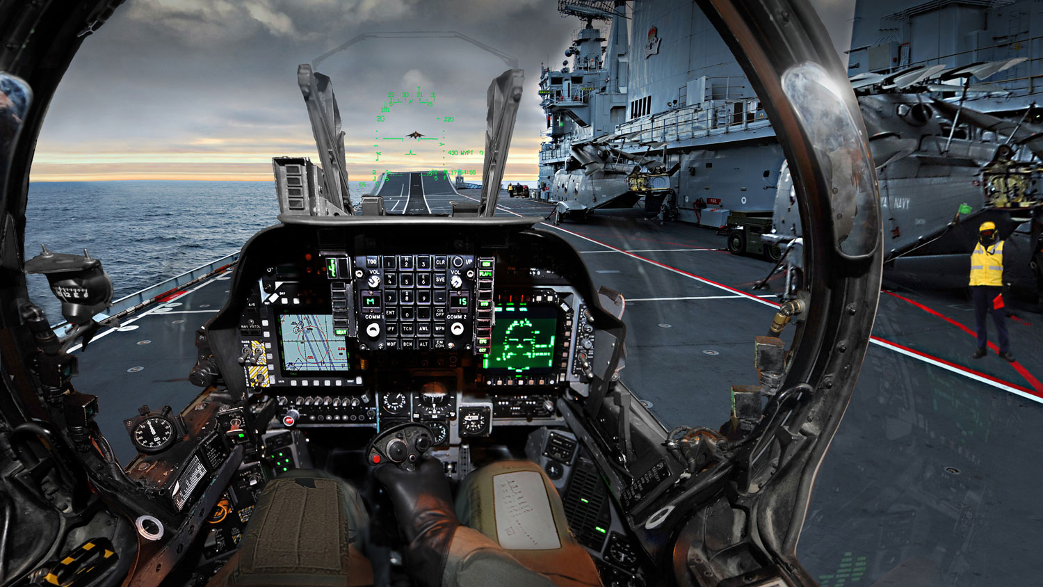 A digitally manipulated image of a Harrier pilot's view as he prepares to take off from aircraft carrier HMS Ark Royal April 2010 (Picture Crown Copyright)