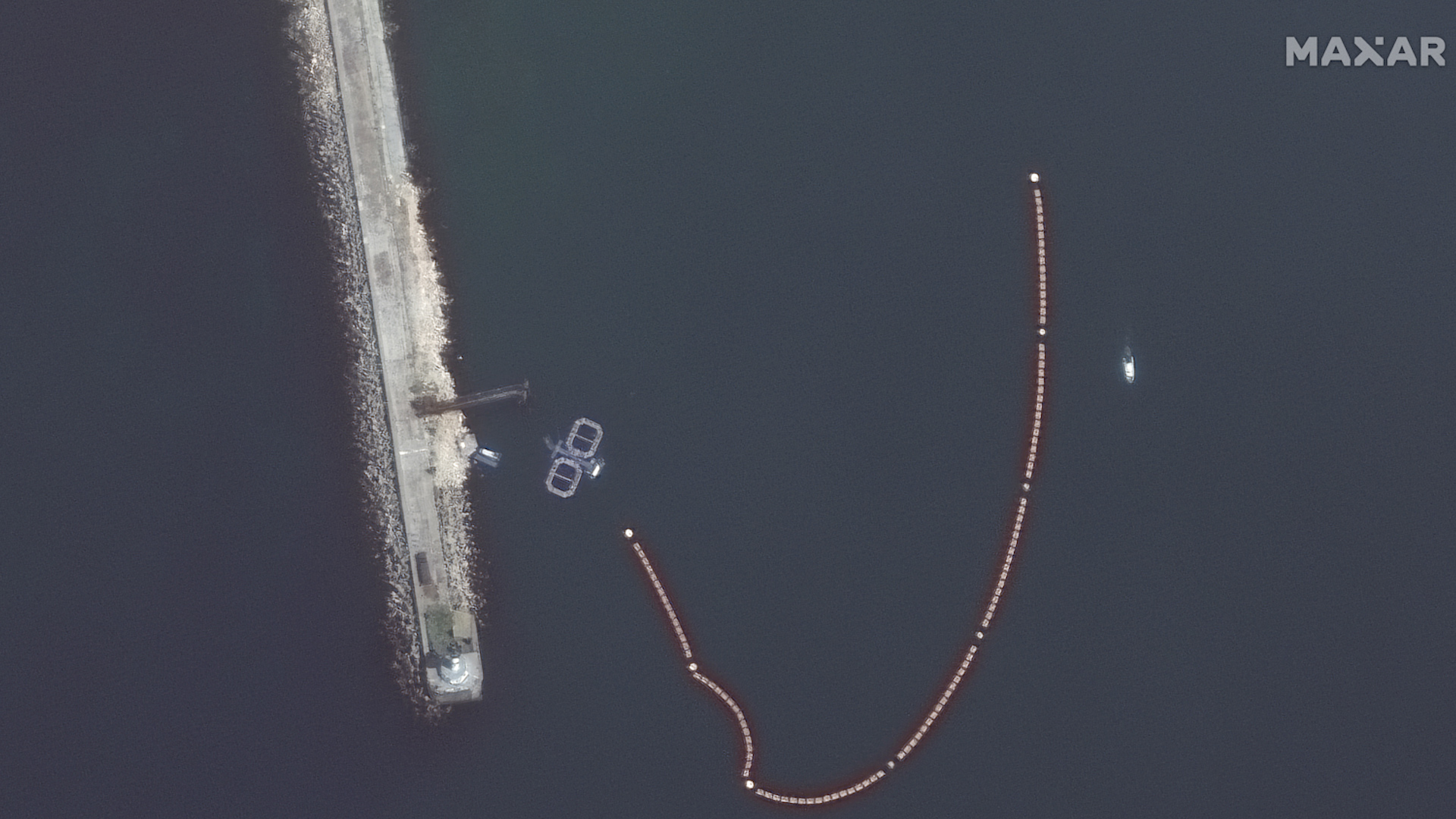A satellite image taken by Maxar Technologies appearing to show dolphin pens at Sevastopol harbour in Crimea 