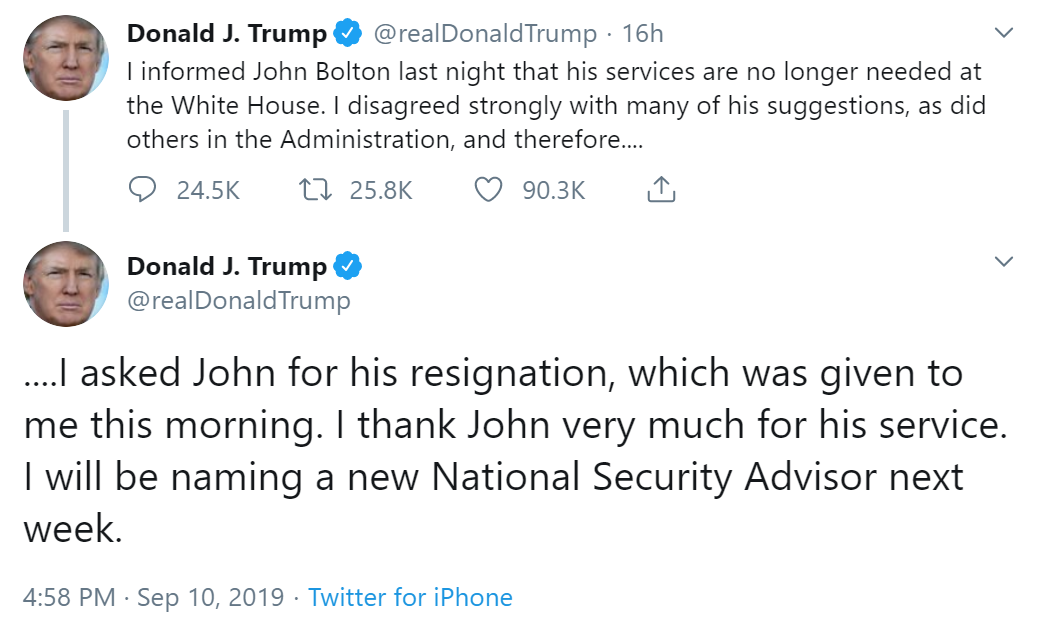 Donald Trump tweet on John Bolton 100919 CREDIT Twitter