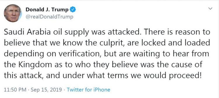 Donald Trump tweet on response to attacks on Saudi Arabia