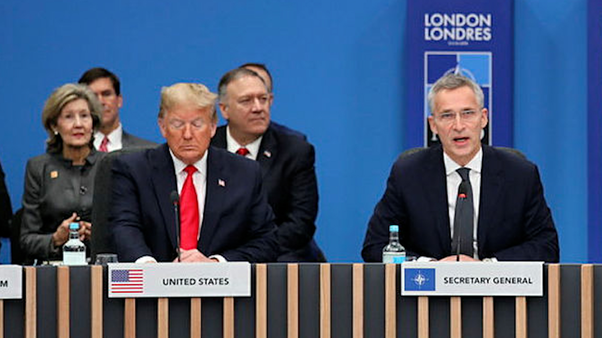 Donald Trump, left, alongside, Nato chief Jens Stoltenberg in 2019 04122019 CREDIT MOD