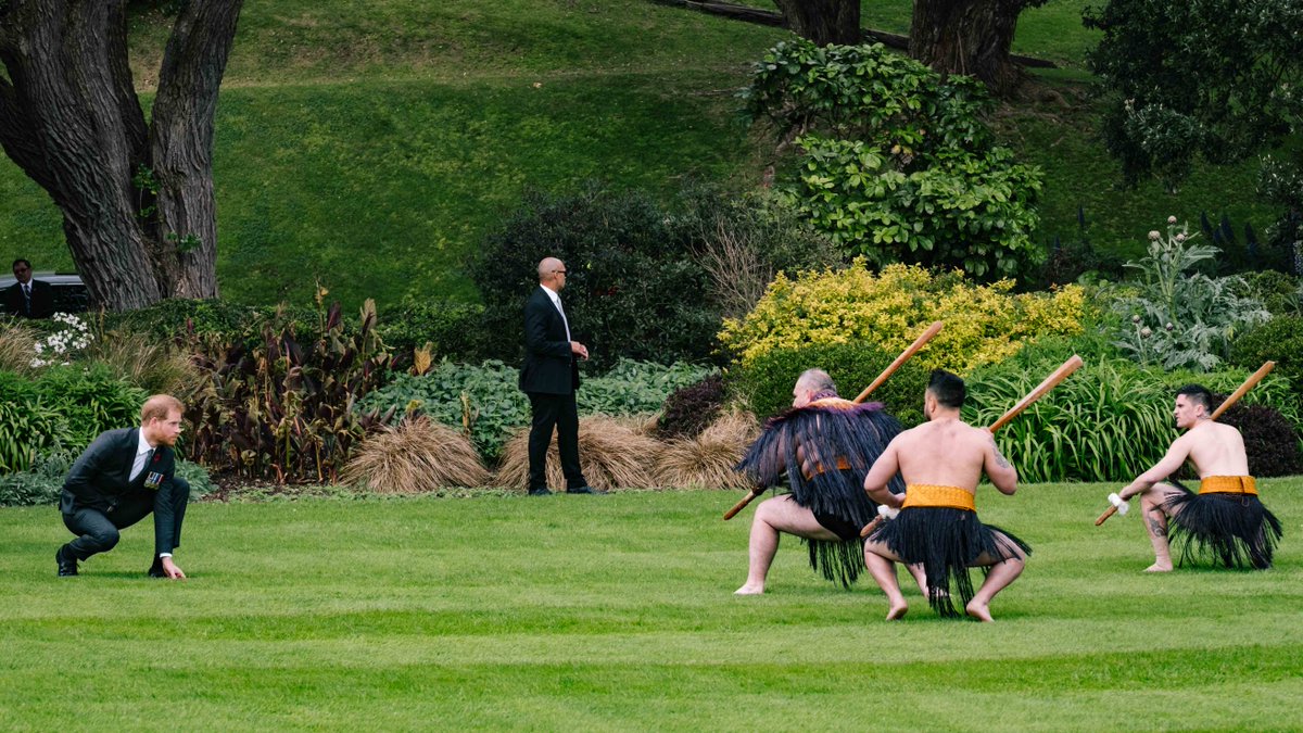 Prince Harry is challenged by Maori warriors on arrival at Government House in Wellington