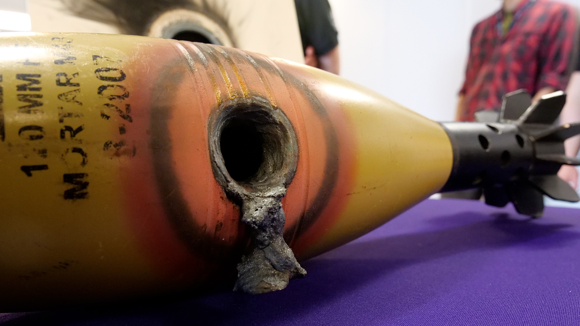 Damage on a 120mm mortar round caused by DragonFire 