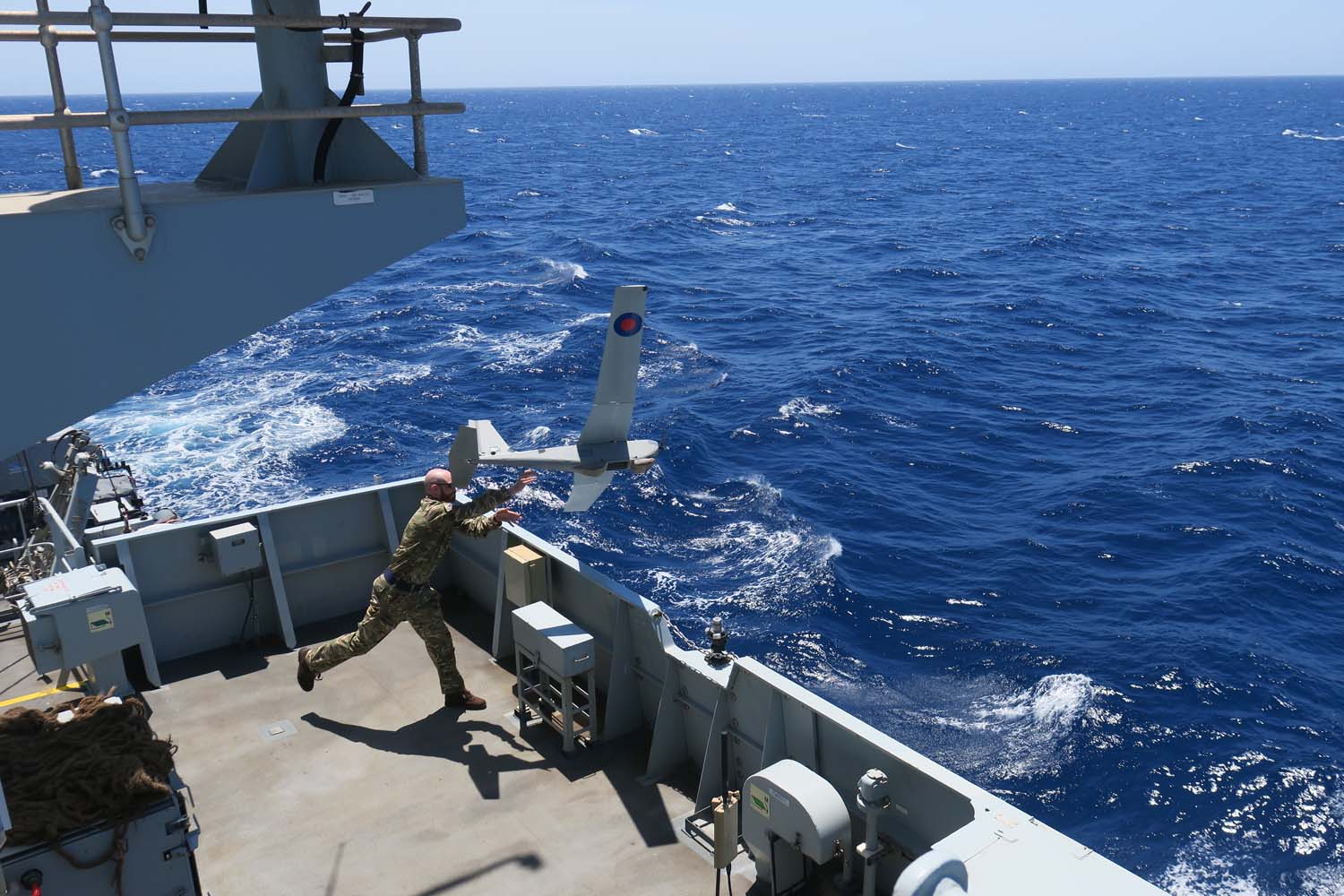 Drone being thrown off HMS Trent off West Africa