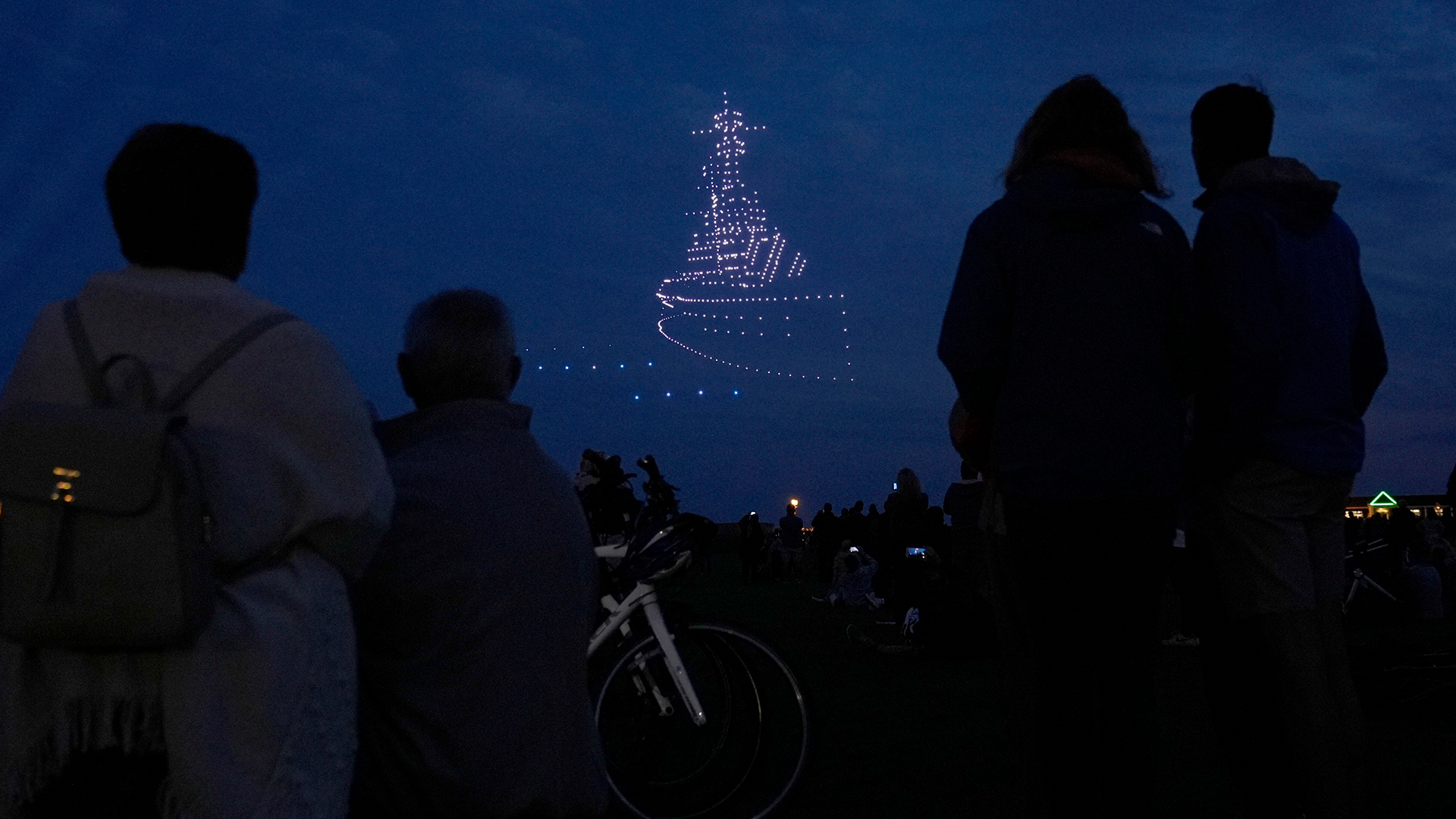 Drones make a battle ship during a drone display telling the story of D-Day above the coastline in Portsmouth