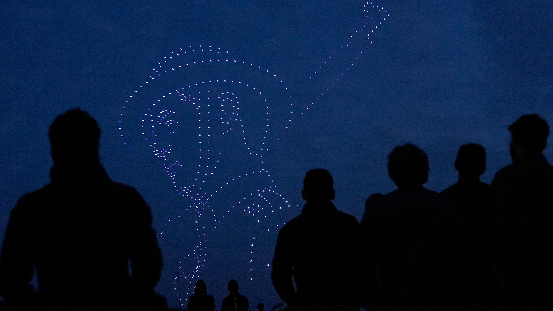 Drones make a soldier during a drone display telling the story of D-Day above the coastline in Portsmouth 050624 CREDIT PA