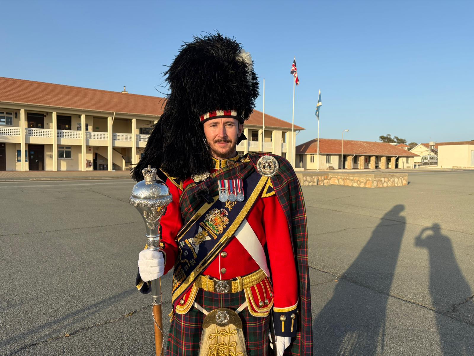 Drum Major John Minto, 4 Scots, proudly displays the new Royal Regiment of Scotland baldric