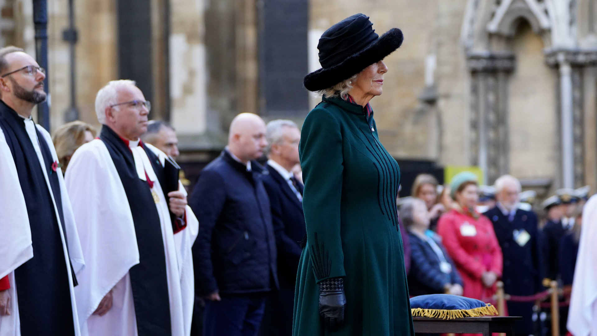 The Duchess of Cornwall observes a two-minute silence at Westminster Abbey