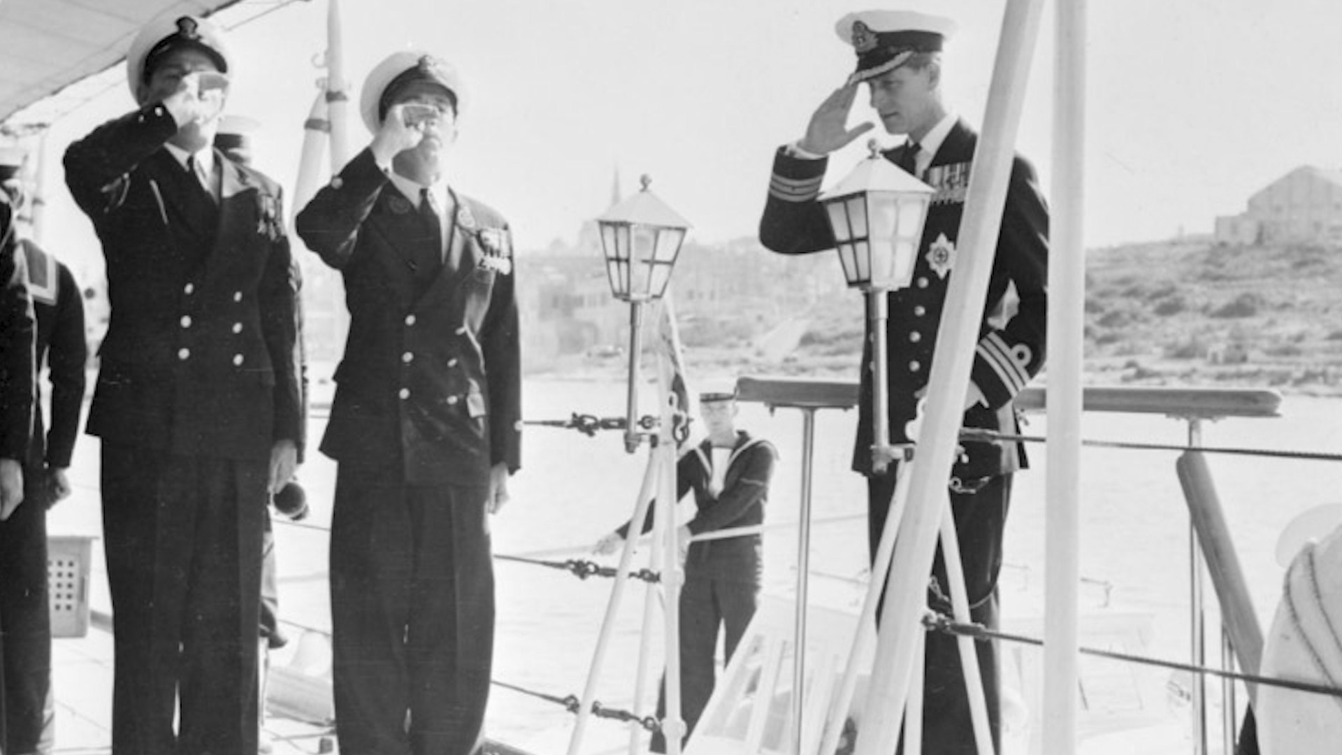 Duke of Edinburgh Prince Philip is saluted on board HMS Magpie in Malta in 1952 DATE UNKNOWN used on 140121 CREDIT ROyal Navy