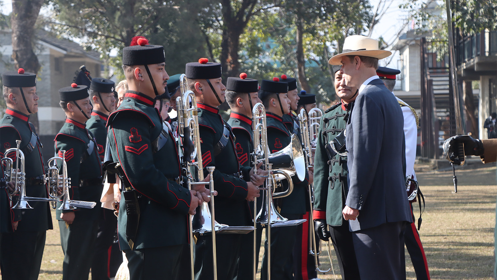 Duke of Edinburgh speaks to Band of the Brigade at Gurkhas attestation parade