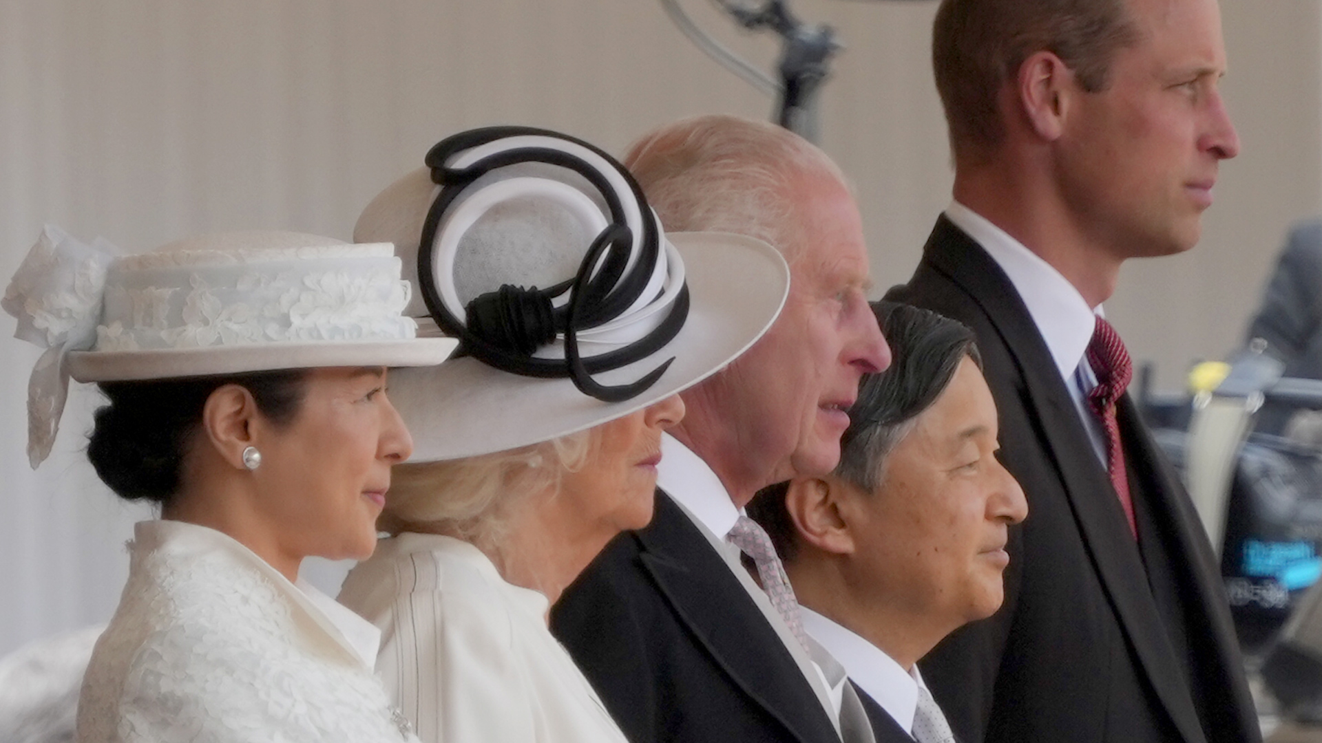 Empress Masako, Queen Camilla, King Charles III, Emperor Naruhito and the Prince of Wales during the ceremonial welcome 25052024 CREDIT PA