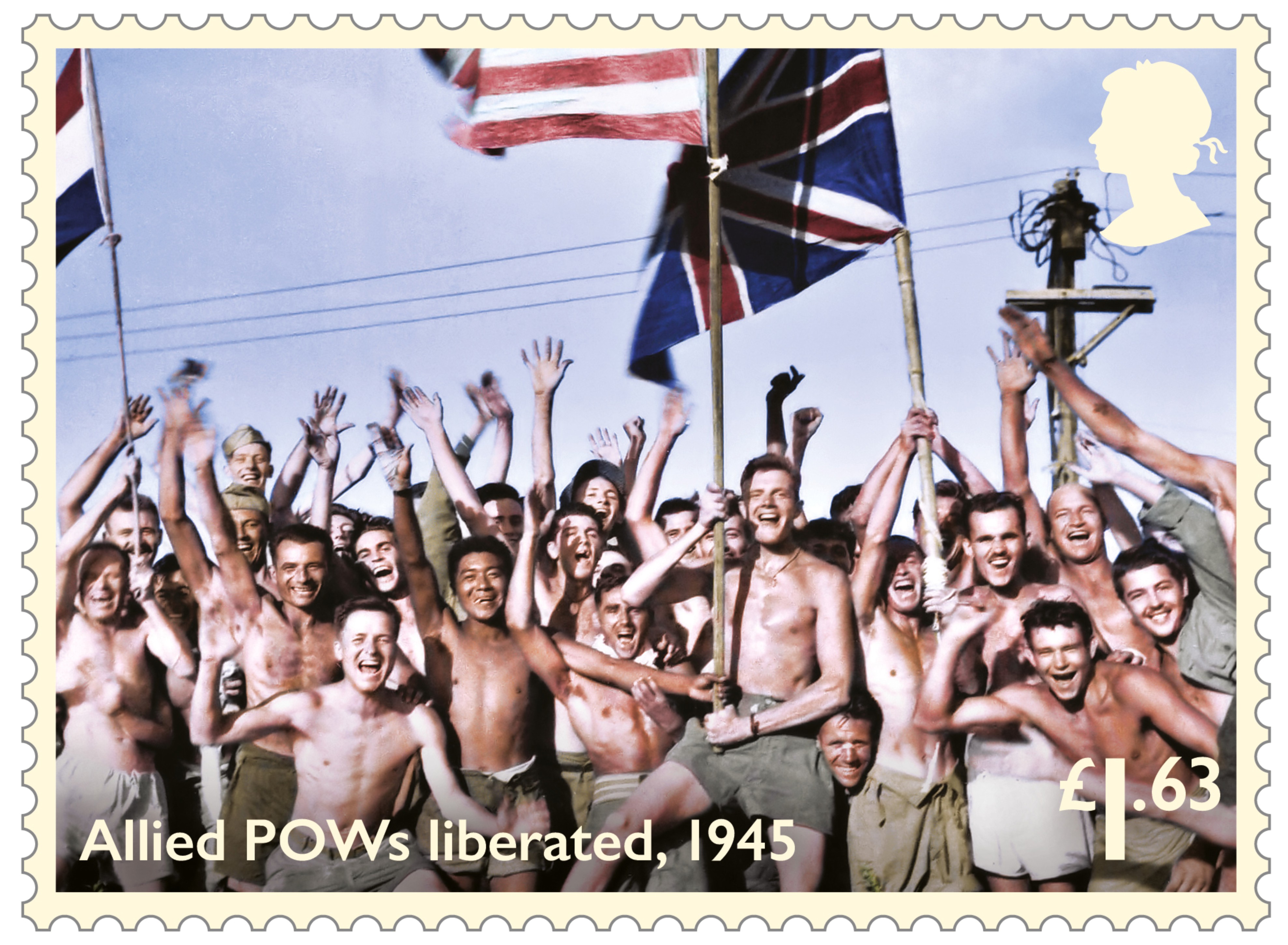 One stamp shows Allied prisoners of war in Japan cheering their rescuers (Picture: Royal Mail).