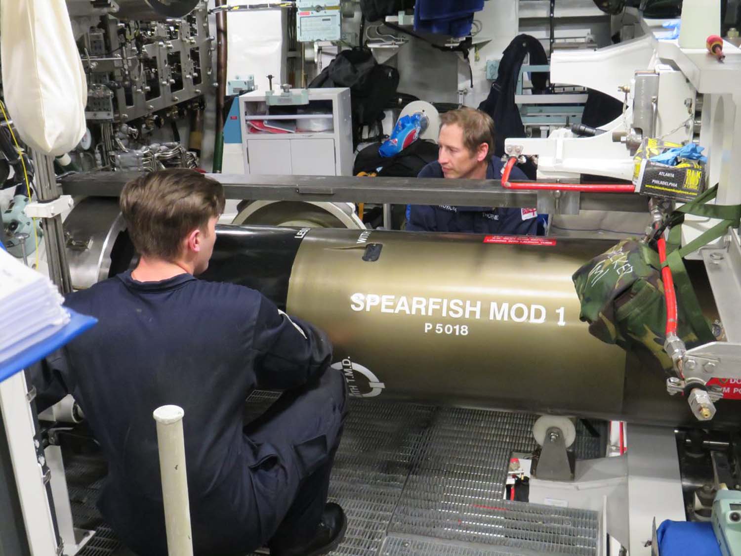 Engineers on HMS Audacious prepare to fire upgrade Spearfish torpedo at special range in the Bahamas 120521 CREDIT ROYAL NAVY