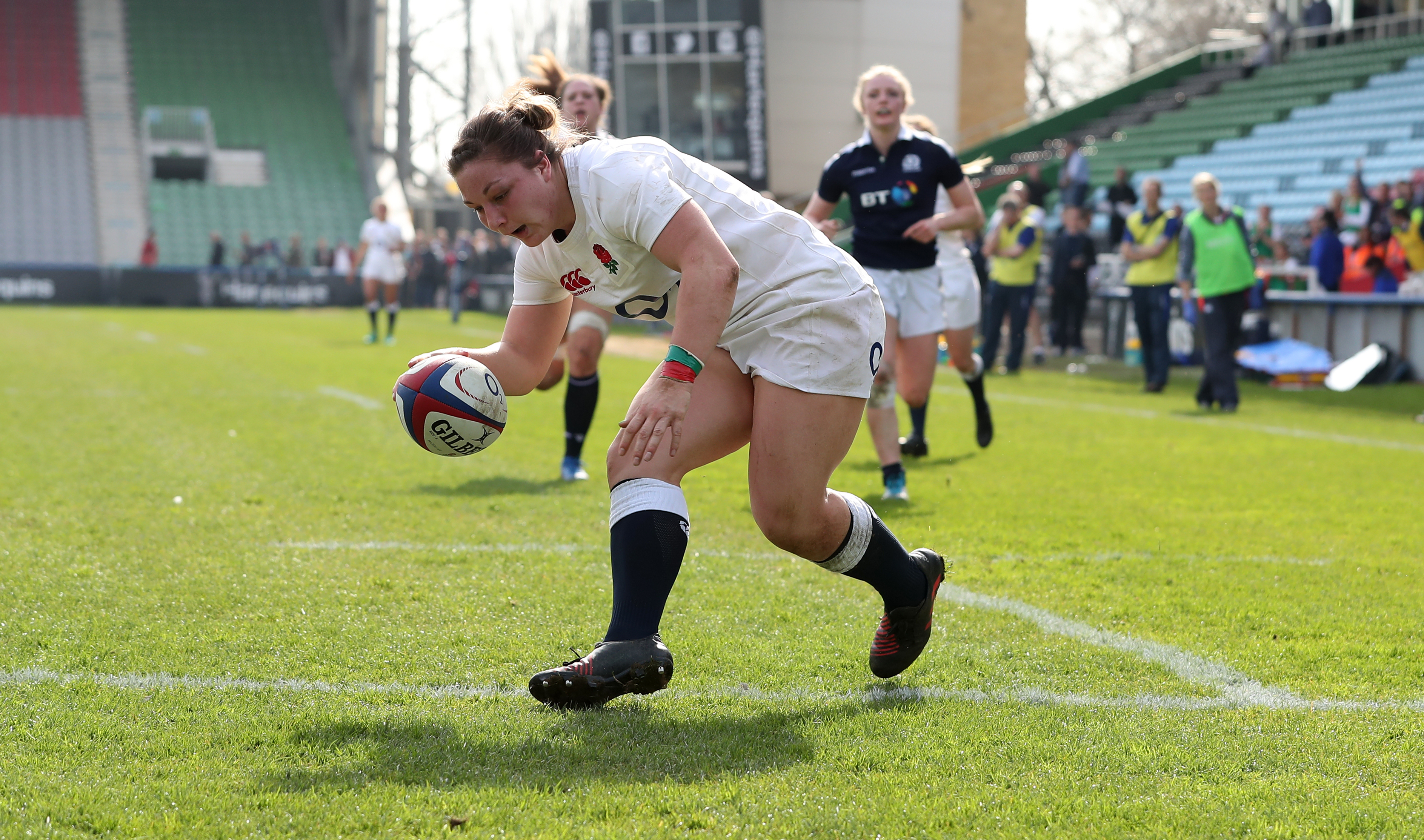 Cover image: Amy Cokayne scoring for England in the 2017 Six Nations (Picture: PA).