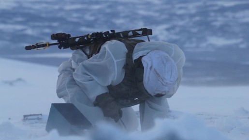 A Royal Marine battles the elements on Exercise Cold Response.