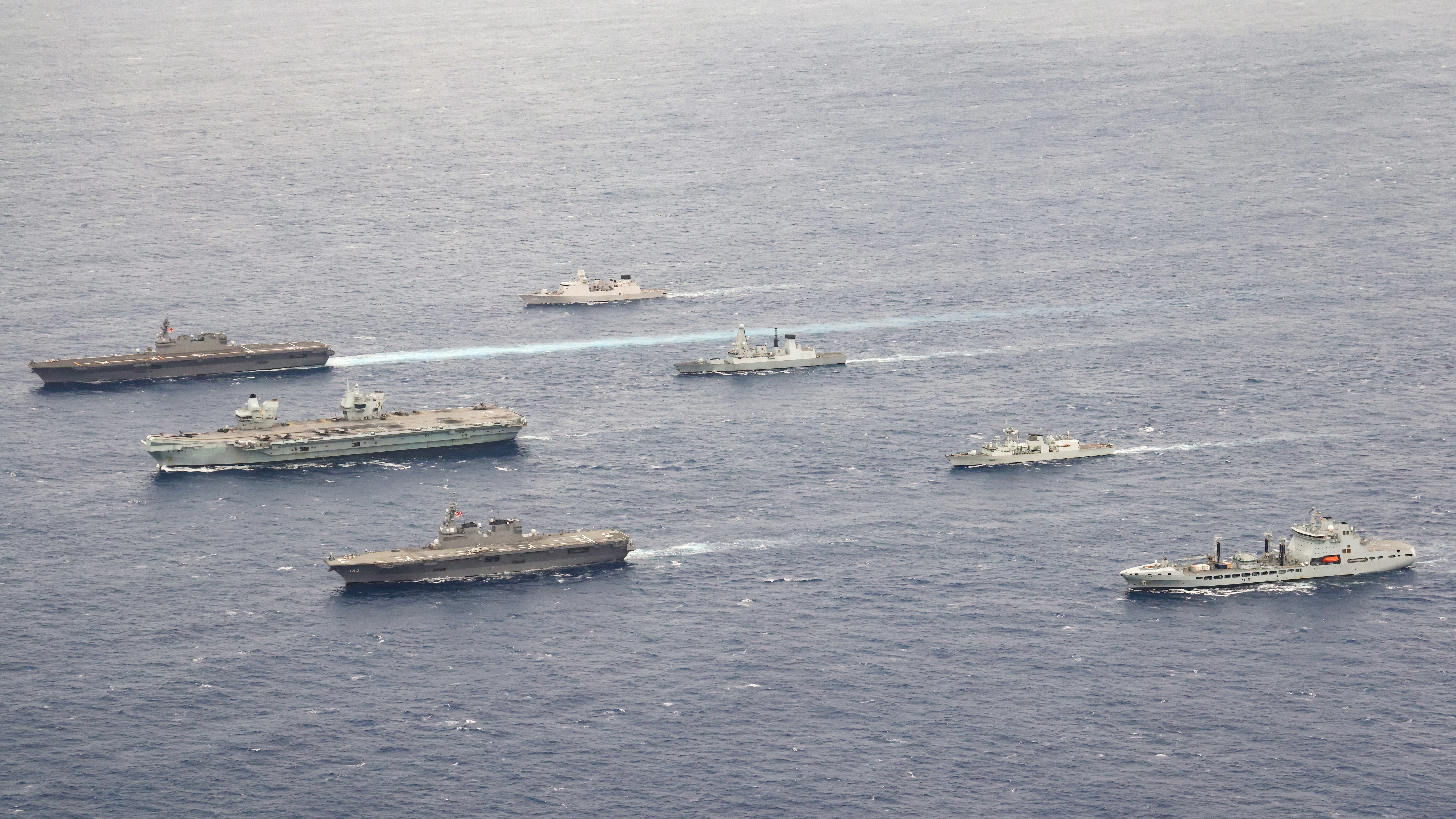 Exercise Pacific Crown L-R F-B JS Izumo, HMS Queen Elizabeth, JS Ise, HNLMS Evertsen, HMS Defender, HMCS Winnipeg, RFA Tidespring 09092021 CREDIT MOD Crown Copyright.jpg