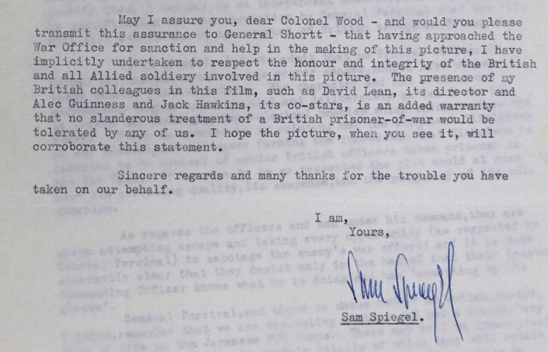 An extract from a letter written by Sam Spiegel to Colonel Wood at the War Office, defending his script (Picture: National Archives).