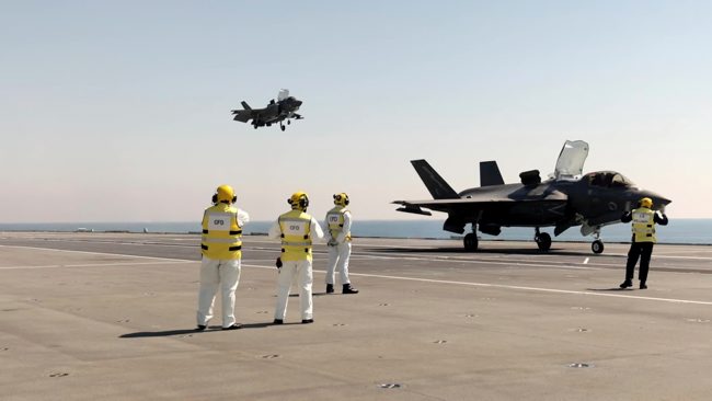 F-35B Lightning II Joint Strike Fighters from No. 617 Squadron (‘Dambusters’) landed on Royal Navy aircraft carrier HMS Queen Elizabeth 250521 CREDIT MOD