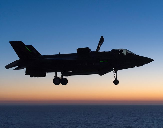 F-35B Lightning II during night test on USS America