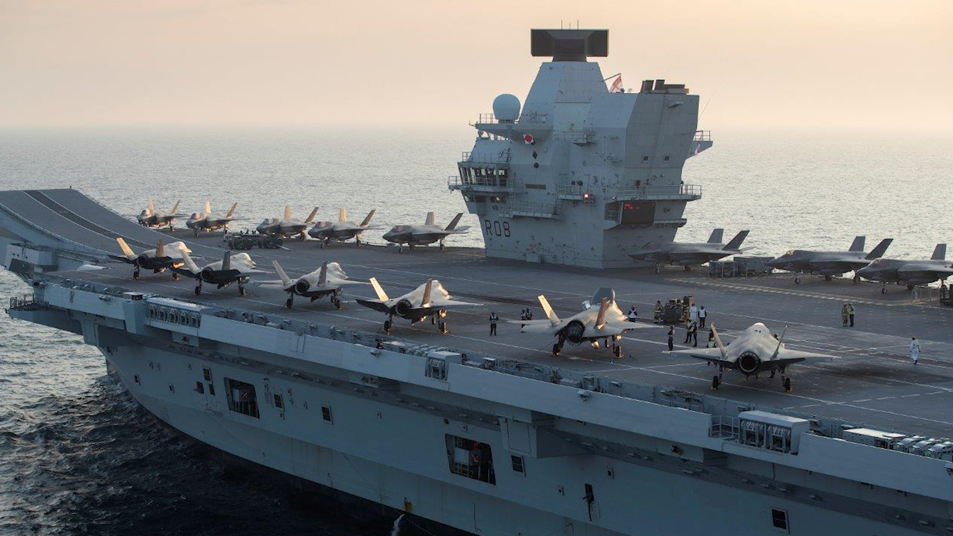 F-35B stealth fighter aircraft sit on the deck of HMS Queen Elizabeth ahead of Exercise Joint Warrior