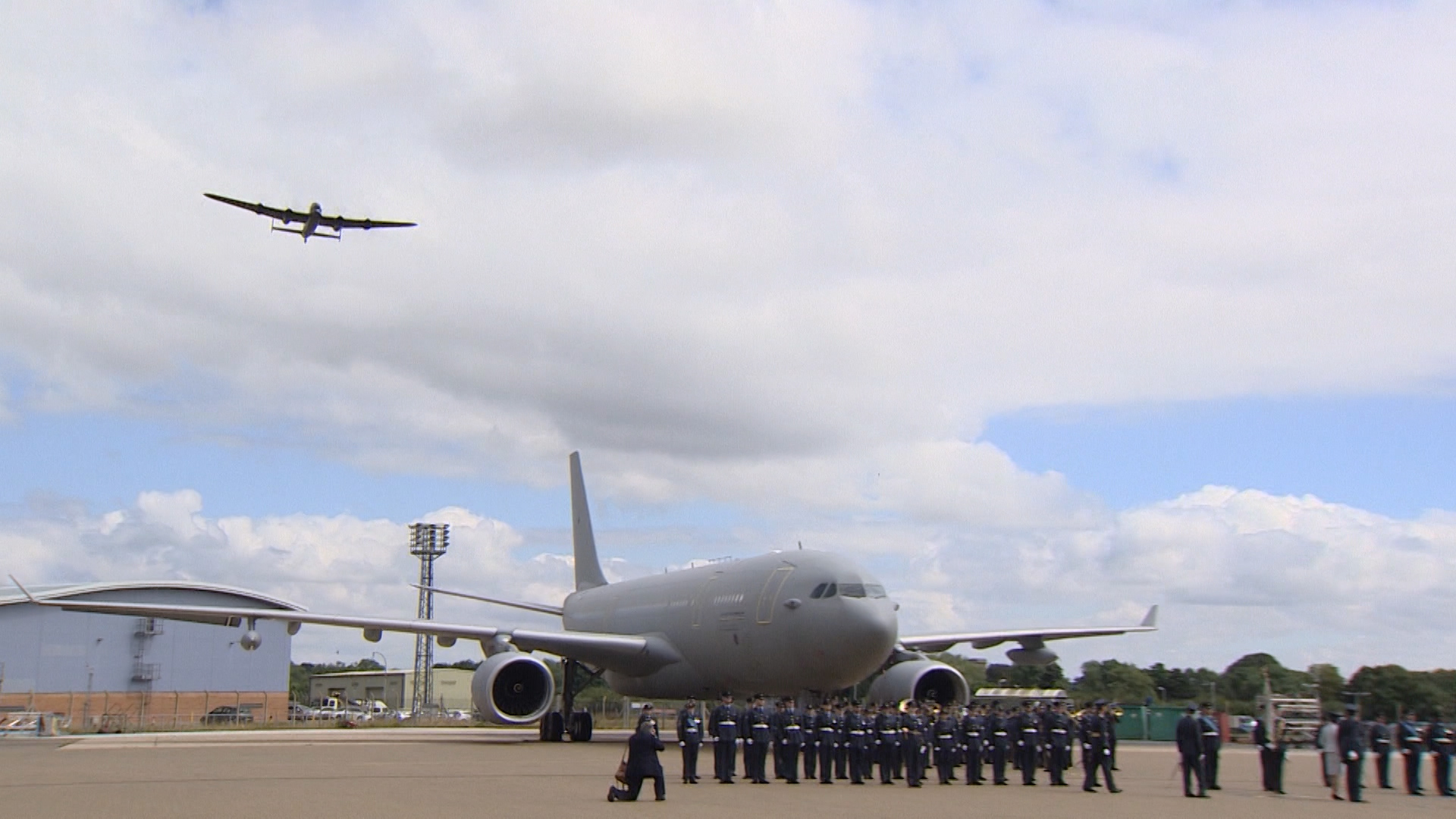 Lancaster flies over Voyager at 101 Squadron centenary