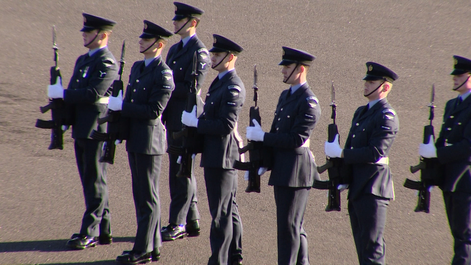 RAF recruits perform rifle drill for Queen's Colour Squadron