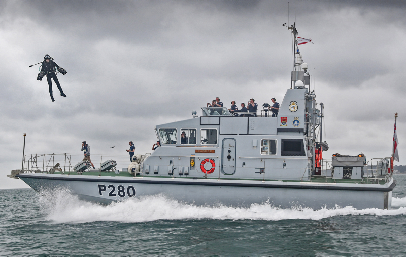 ‘rocket man’ Richard Browning can hop and glide over it as he demonstrated how the Royal Navy might use such a suit.