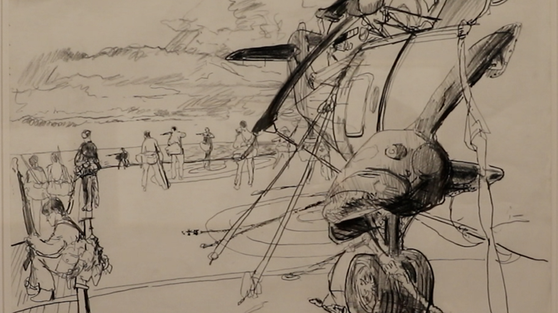 A depiction of life onboard a vessel en route to the islands. Soldiers can be seen practicing with their rifles off the ship's stern. 