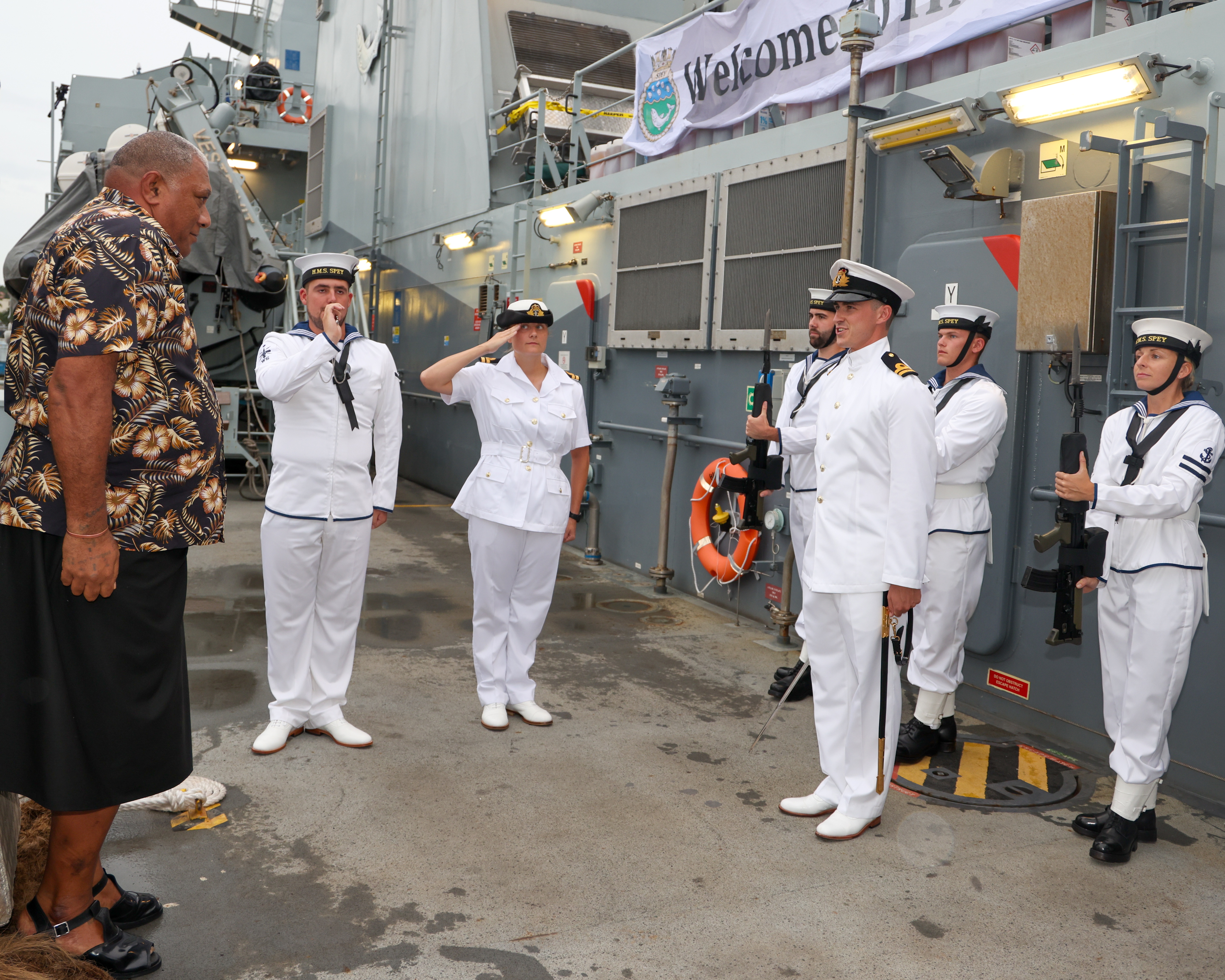 Fiji's President Ratu Villiame Katonivere is formally welcomed aboard HMS Spey (picture: Royal Navy).