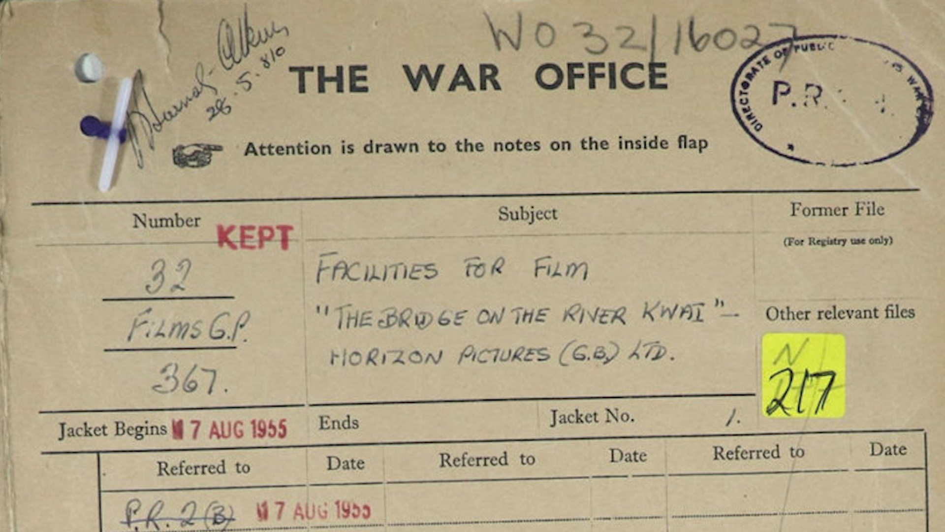 A War Office file on the 1957 film 'Bridge on the River Kwai' CREDIT National Archives