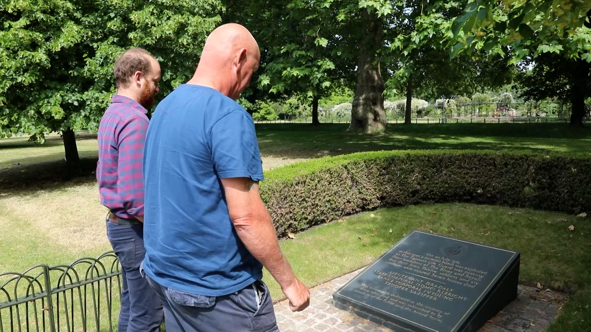 Filmmaker Mauricio Gris (left) with Hyde Park bomb survivor Simon Utley (right) revisit the spot where, four decades ago, the IRA detonated an explosive device 12072022 CREDIT BFBS