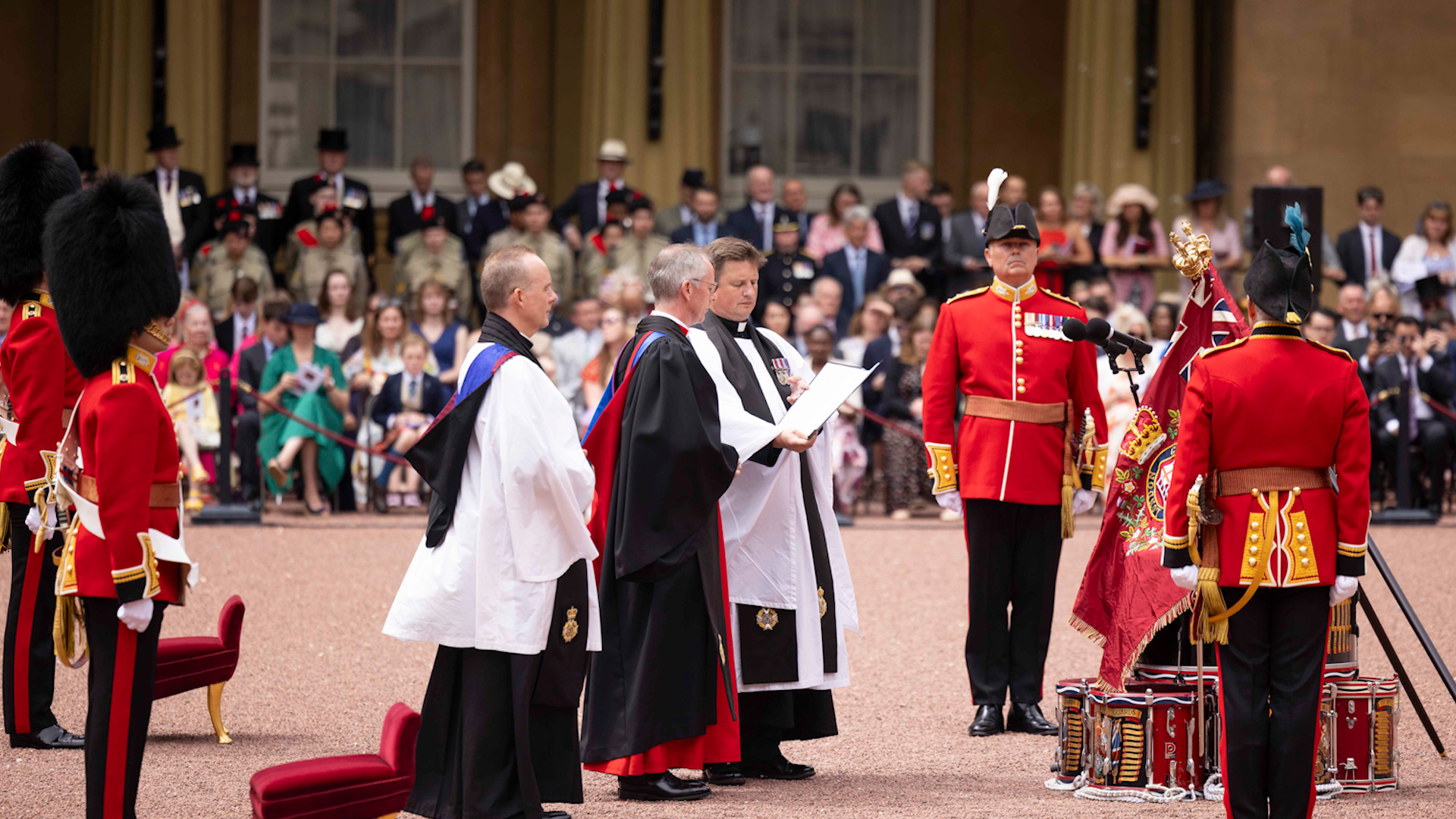 First Battalion London Guards receive their Colours at Buckingham Palace ceremony Chaplain General of His Majesty’s Land Forces 090723 CREDIT MOD