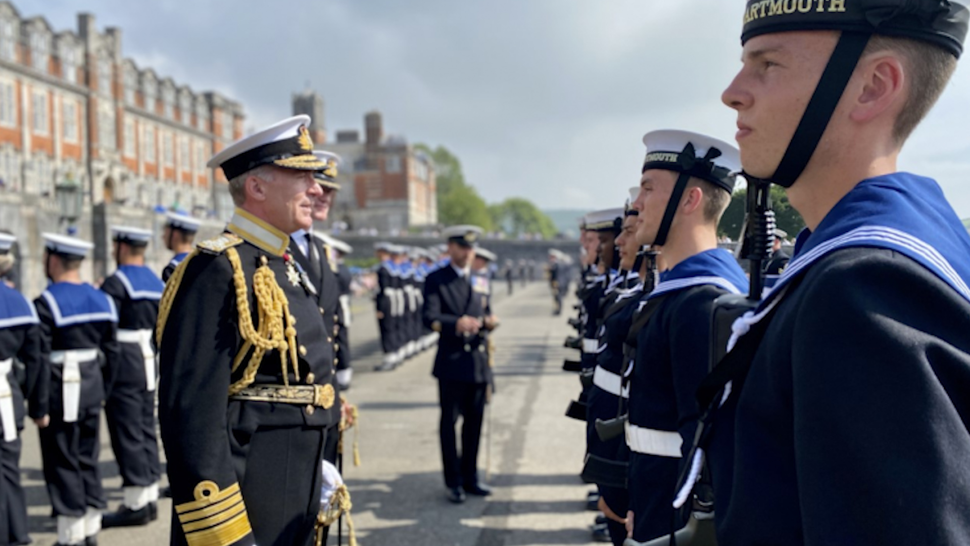 Outgoing First Sea Lord Admiral Tony Radakin inspects ratings passing out alongside officers at Dartmouth in 2020.